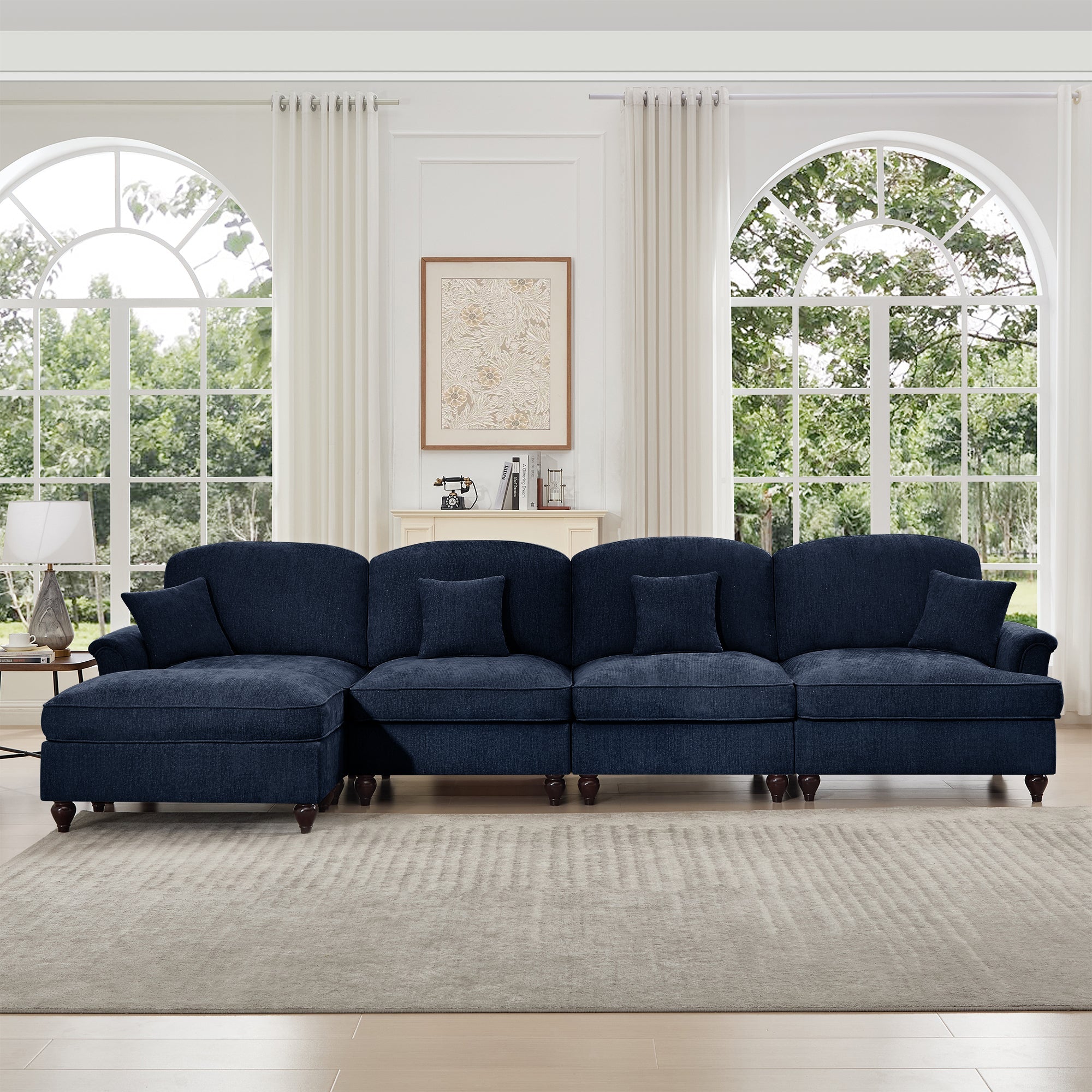 Classic Three Seater Modular L Shaped Sectional Couch with Flared Arms and Removable Ruffles Pleats Skirts and Spindle Legs, Comfy Chenille Four-Seat Deep Seat Sofa with Movable Ottoman, Blue