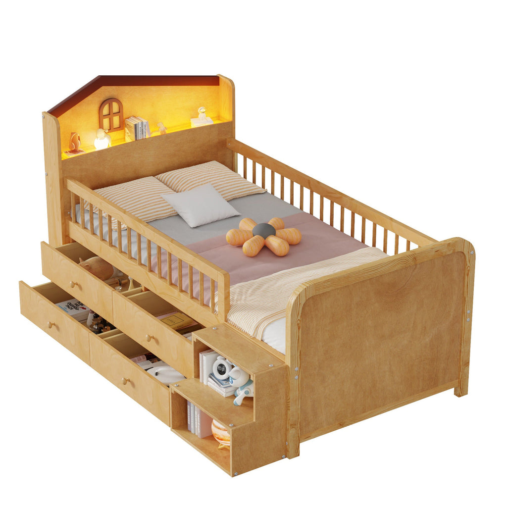 Low Loft Bed with LED Lights, Wooden Twin Loft Bed with House Shape Headboard, Kids Loft Bed with Storage Drawers, Natural (Expect Arrival Date 2025/1/20)