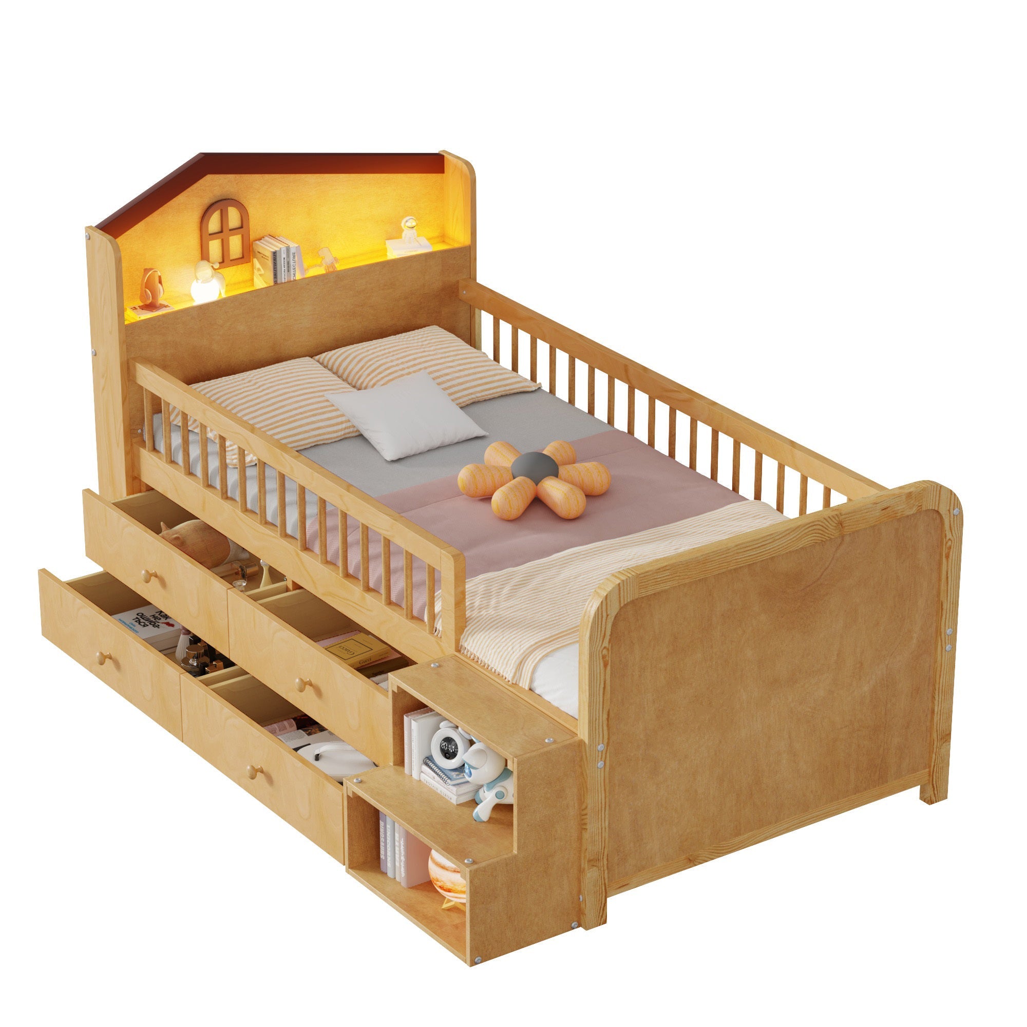 Low Loft Bed with LED Lights, Wooden Twin Loft Bed with House Shape Headboard, Kids Loft Bed with Storage Drawers, Natural (Expect Arrival Date 2025/1/20)