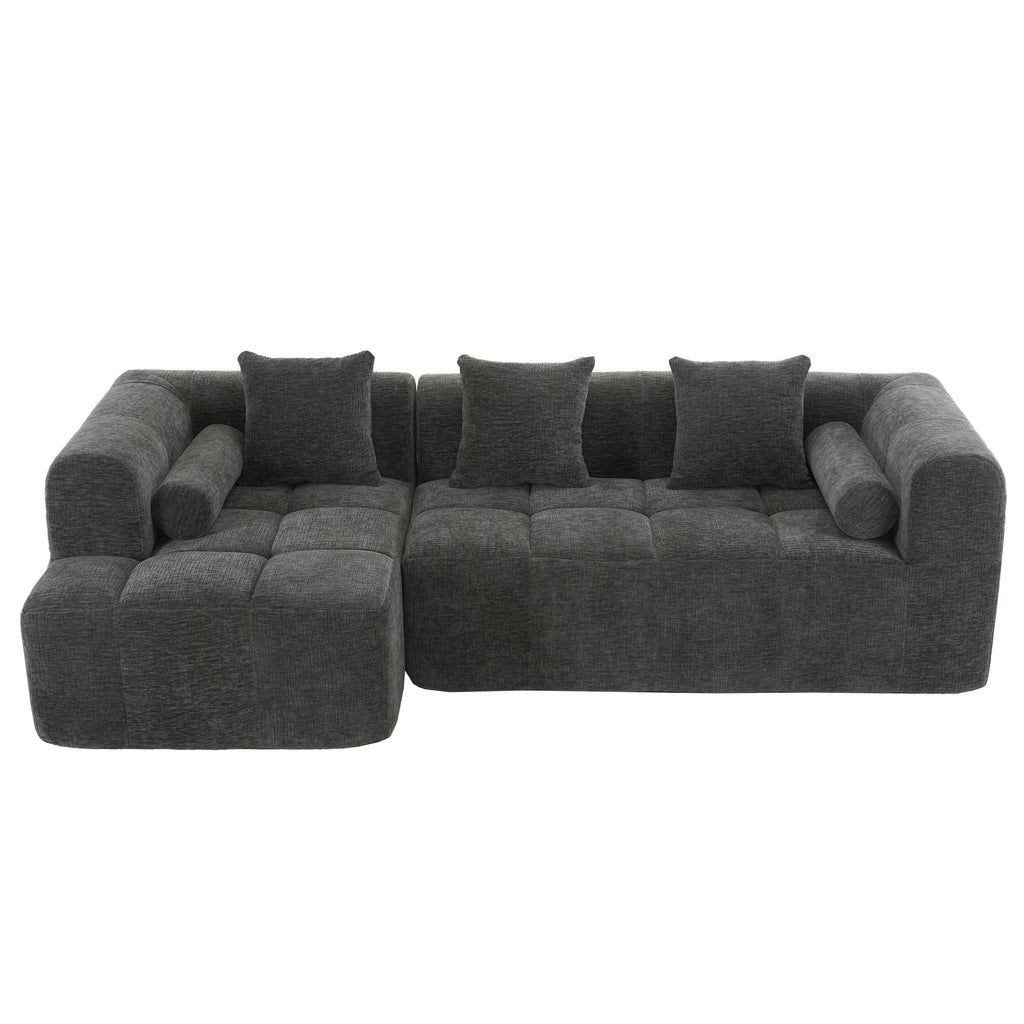 Modern Grey Modular Sectional Sofa with Deep Seating and Side Pockets in Chenille Fabric