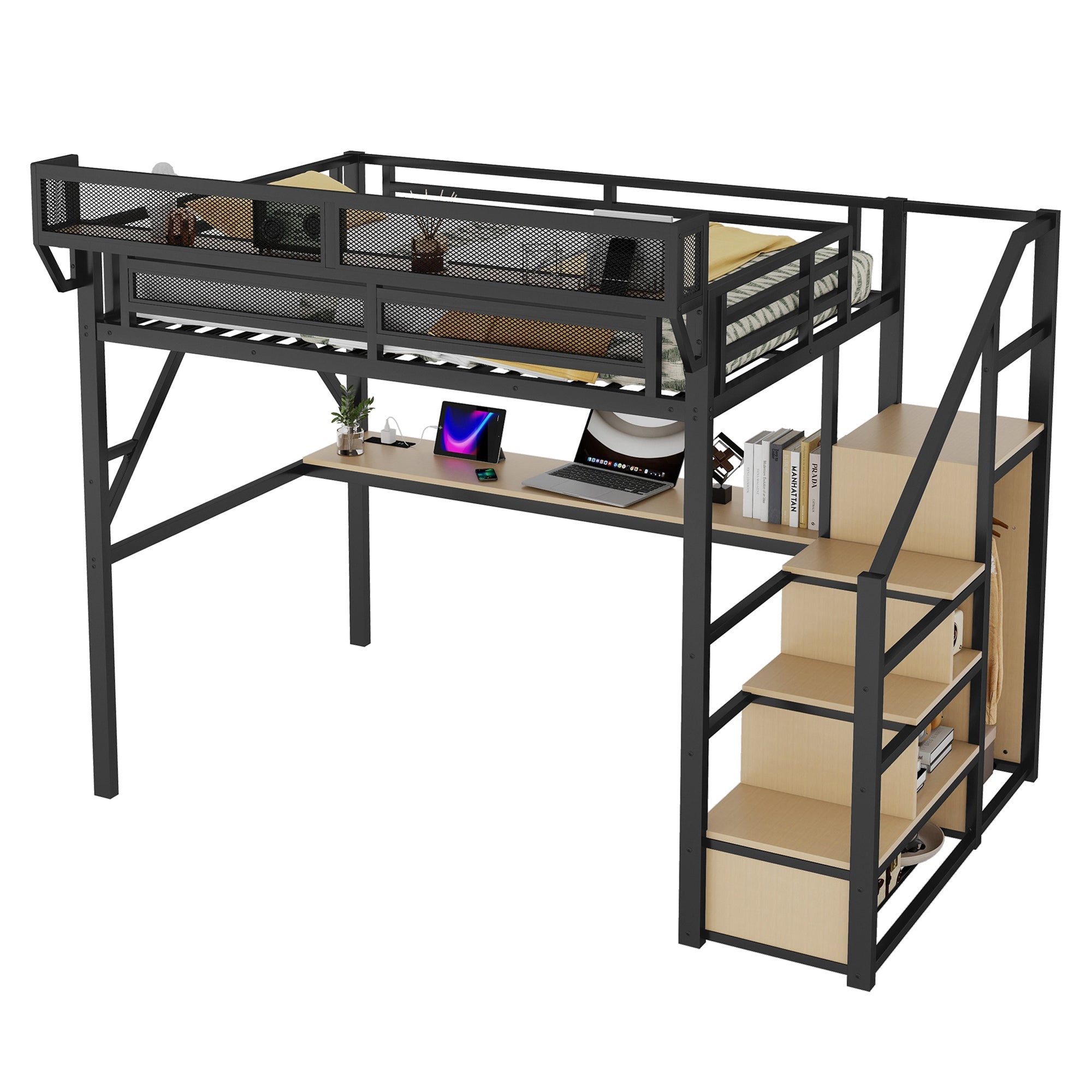 Full Loft Bed with Desk and Charging Station, Full Size Metal Loft Bed with Stairs and Light for Kids Teens, Black, Patent Products