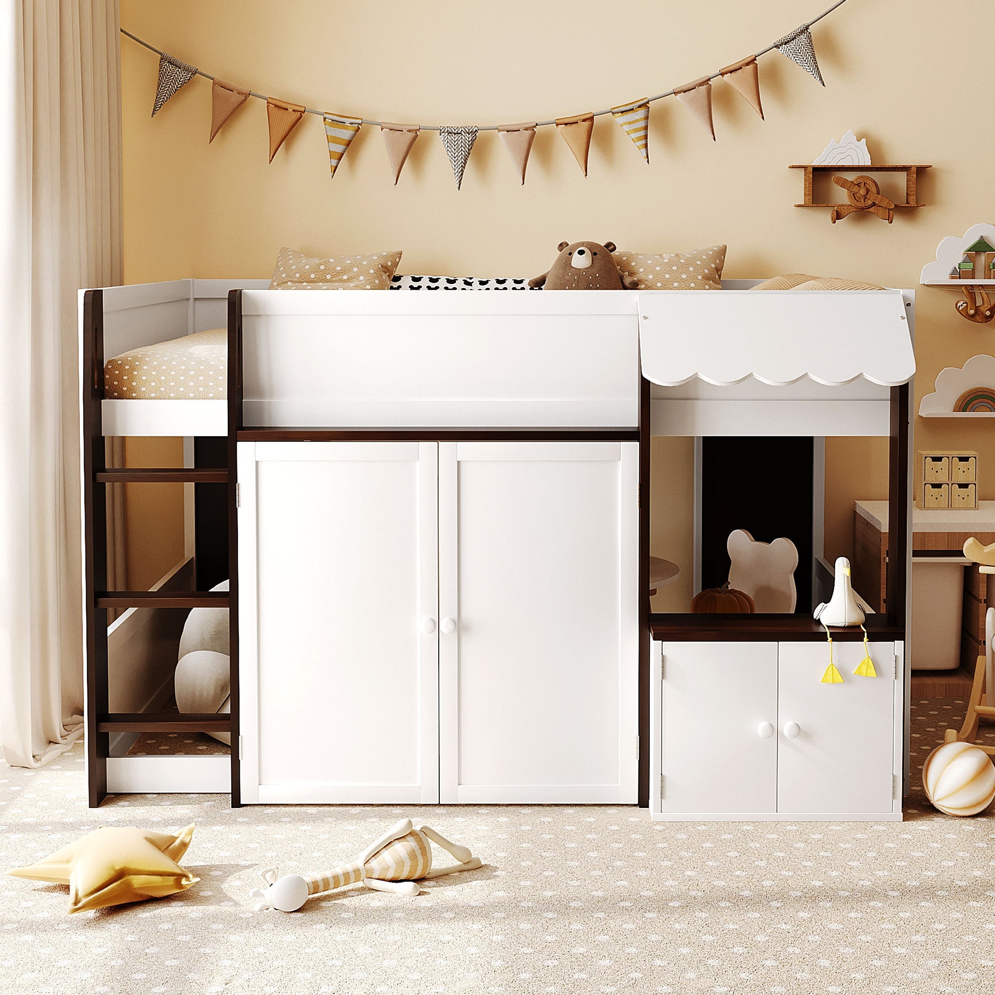 Full Loft House Bed with Playhouse & Storage, Modern Wood Cabin Bed for Kids/Teens, White+Espresso