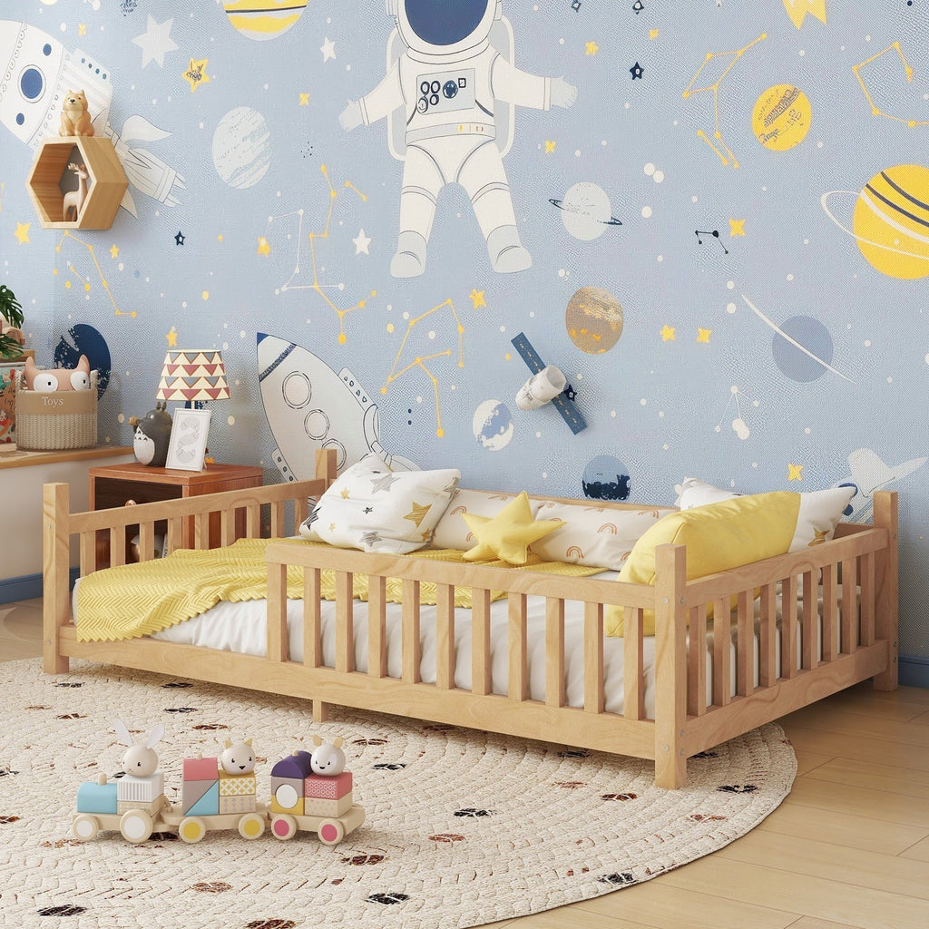 Twin House Bed with Light, Low Floor House Bed with Fence and Roof for Kids Boys Girls,Natural(Expect arrive date 2025/7/20)