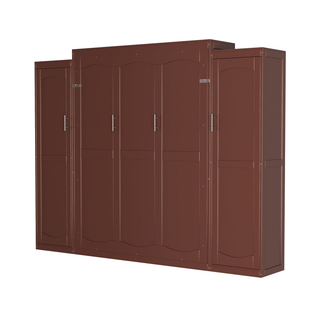 Full Size Murphy Bed, Wooden Full Wall Bed with 2 Wardrobe and Storage Shelf, Multifunctional Foldable Platform Bedframe for Guest-Room, Bedroom, Walnut