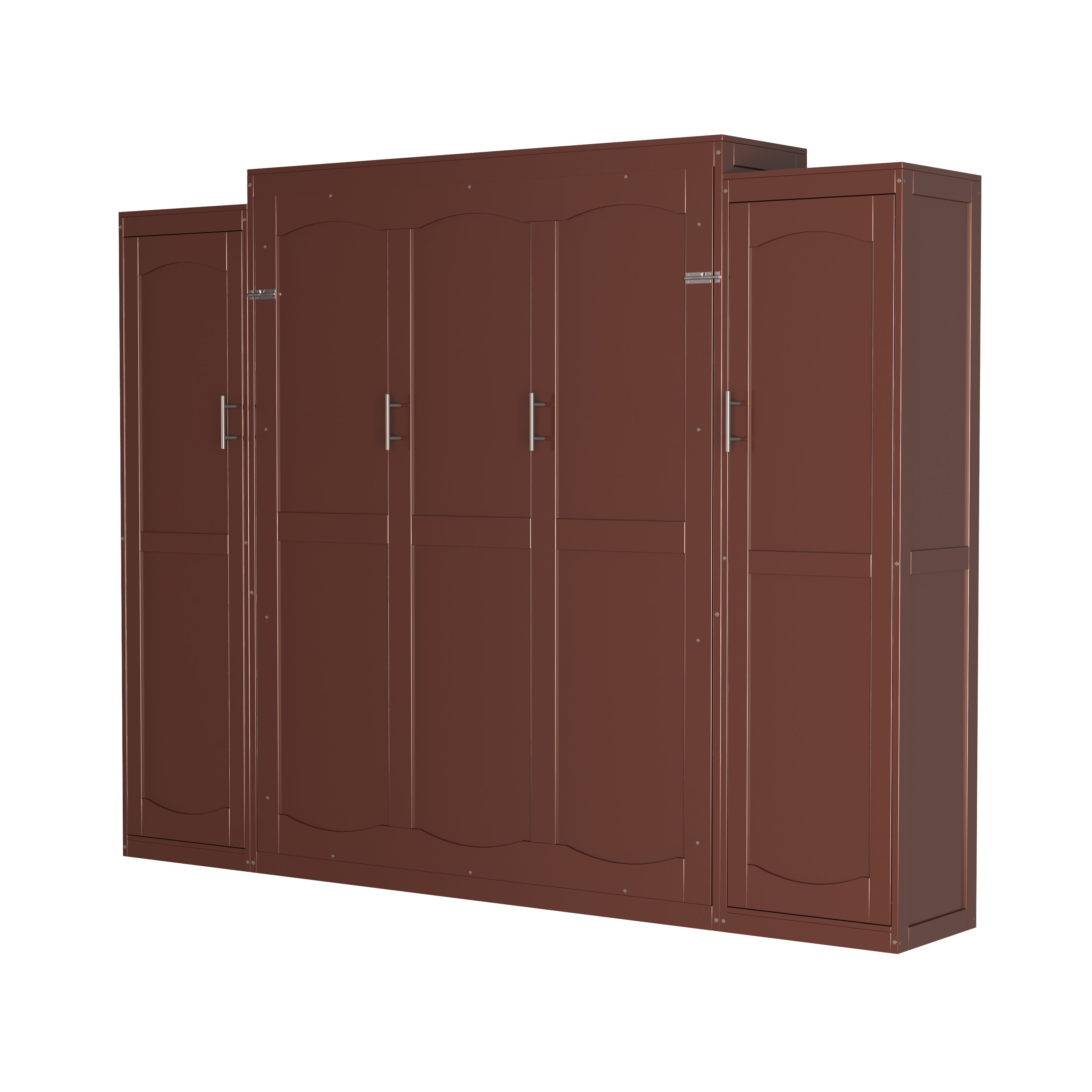 Full Size Murphy Bed, Wooden Full Wall Bed with 2 Wardrobe and Storage Shelf, Multifunctional Foldable Platform Bedframe for Guest-Room, Bedroom, Walnut