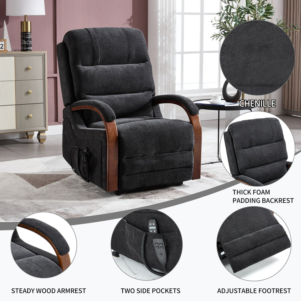 Power Black Chenille Lift Recliner Chair Dual Motor Infinite Position Up to 350 LBS with Solid Wood Armrests, Heat Massage and Heavy Duty Motion Mechanism