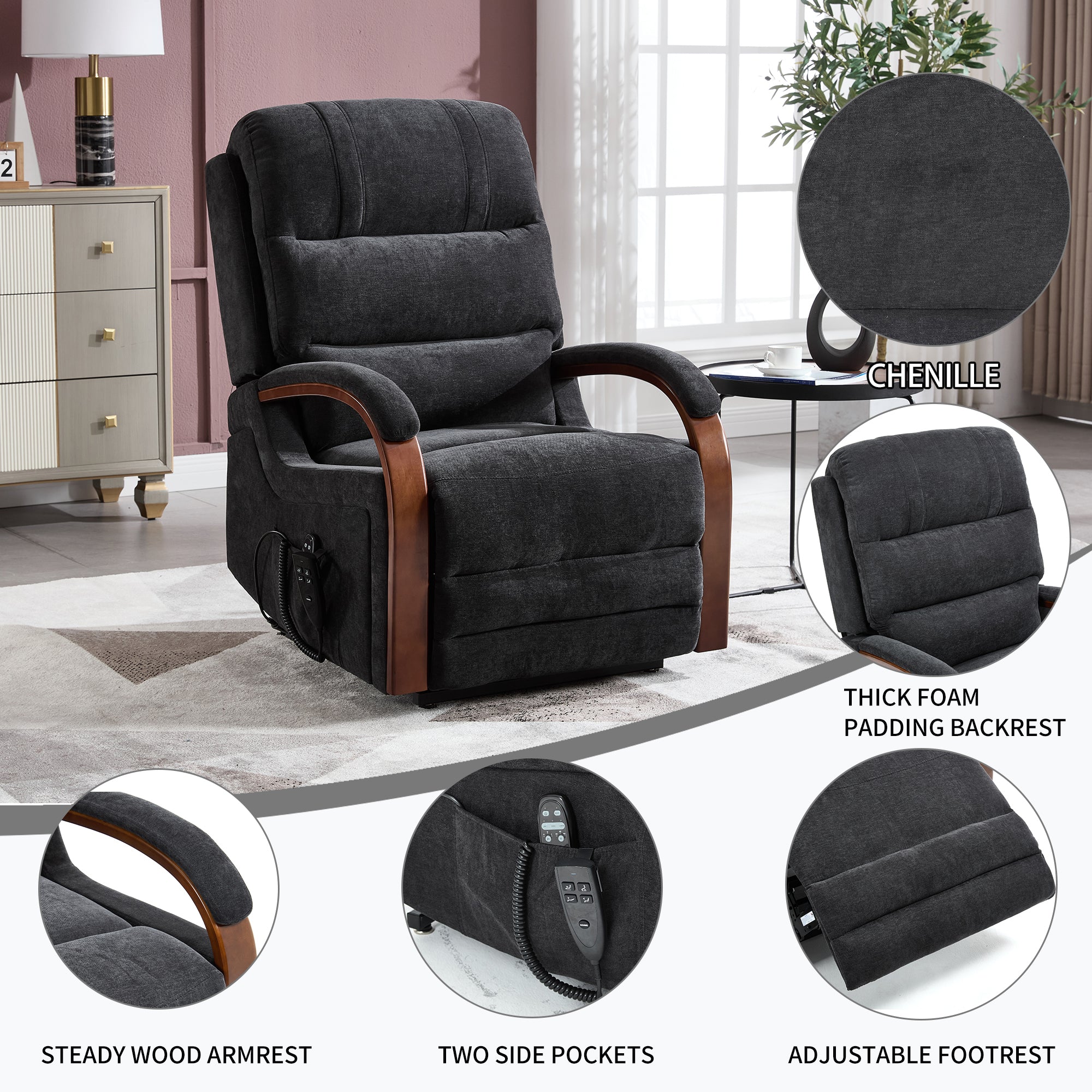 Power Black Chenille Lift Recliner Chair Dual Motor Infinite Position Up to 350 LBS with Solid Wood Armrests, Heat Massage and Heavy Duty Motion Mechanism