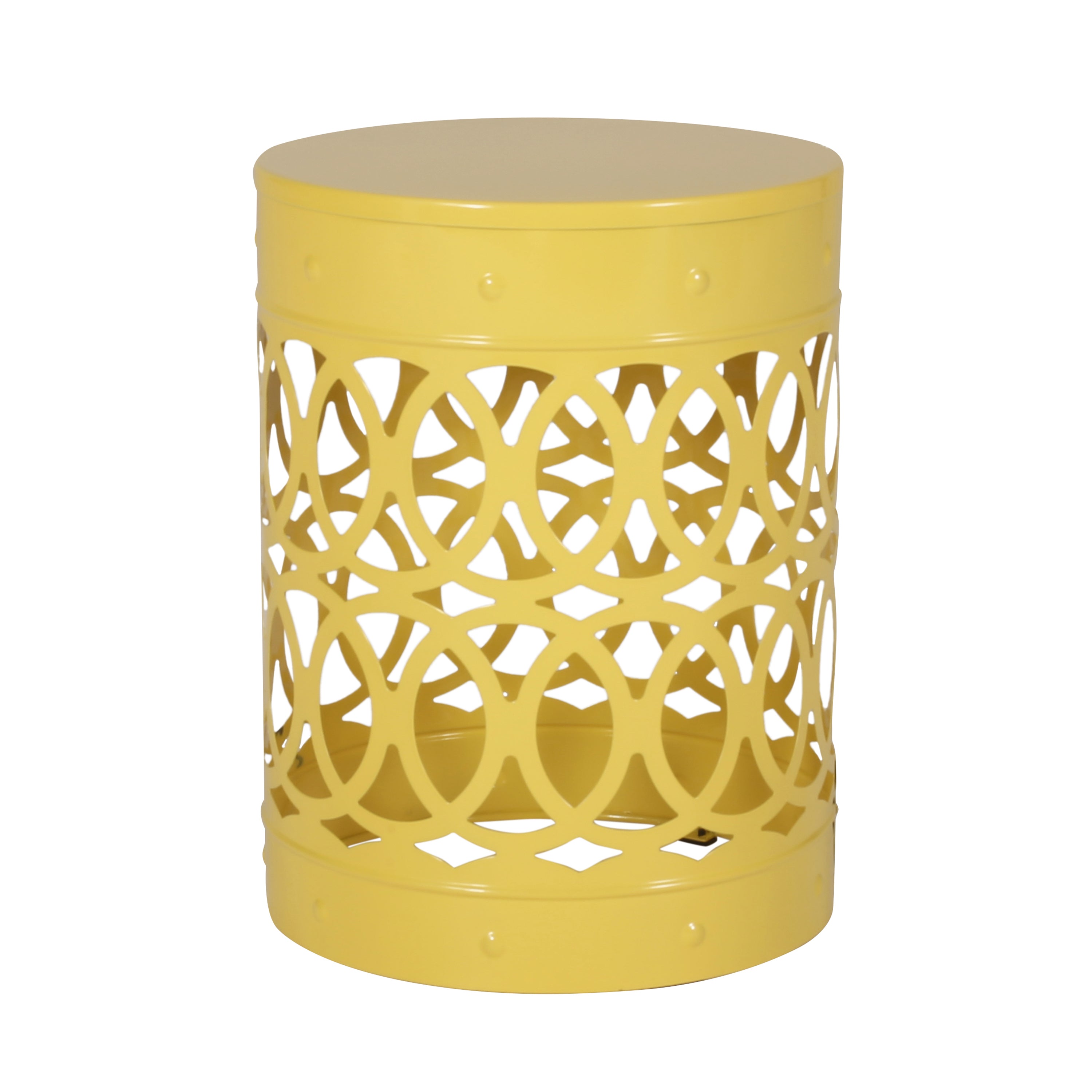 Modern Outdoor Metal End Table Set of 2 with Iron Cut Design in Yellow