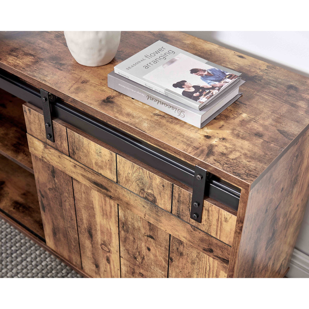 Desk L-shaped Workstation Home Office attached storage credenza sliding barn door finished on the back reversible Distressed Wood