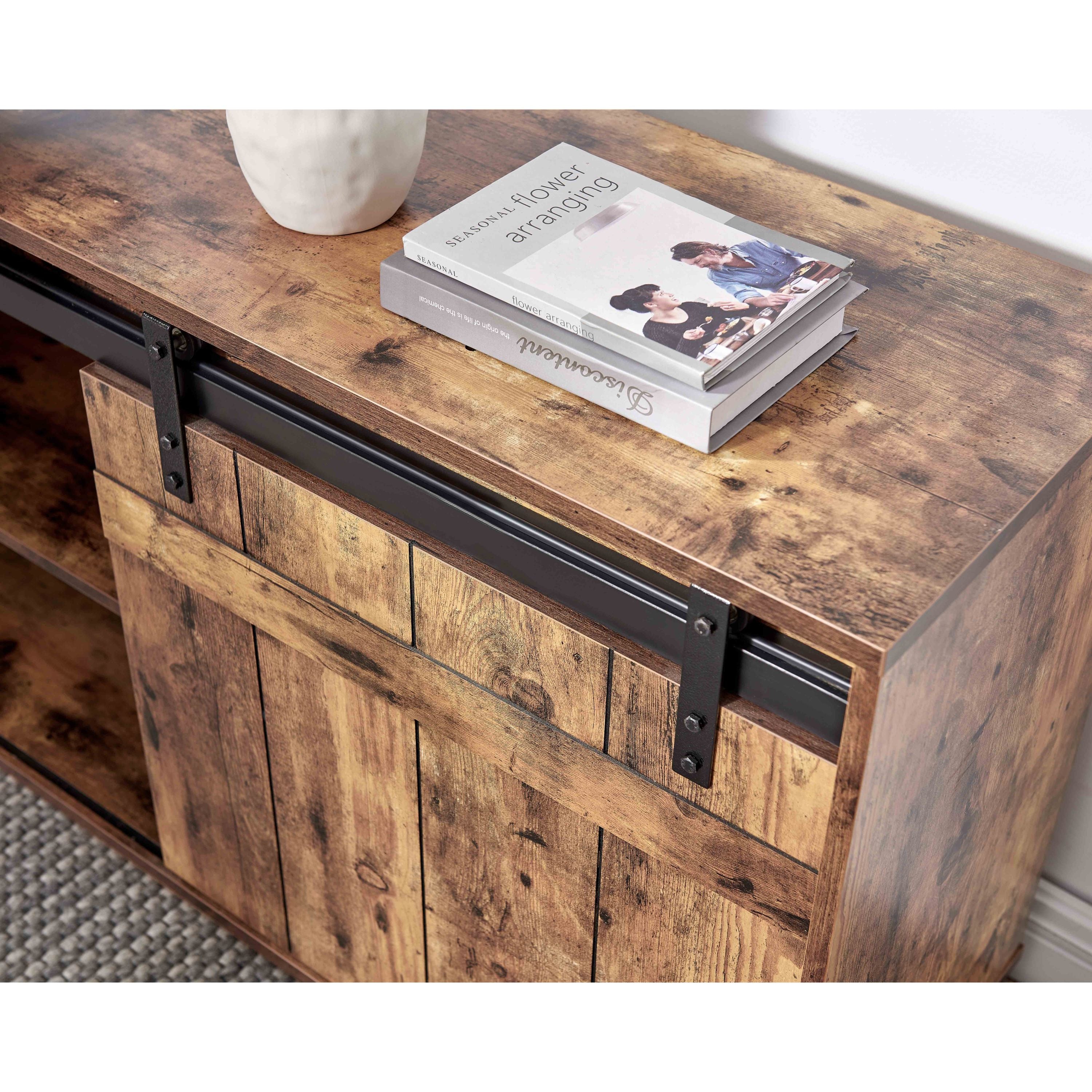 Desk L-shaped Workstation Home Office attached storage credenza sliding barn door finished on the back reversible Distressed Wood