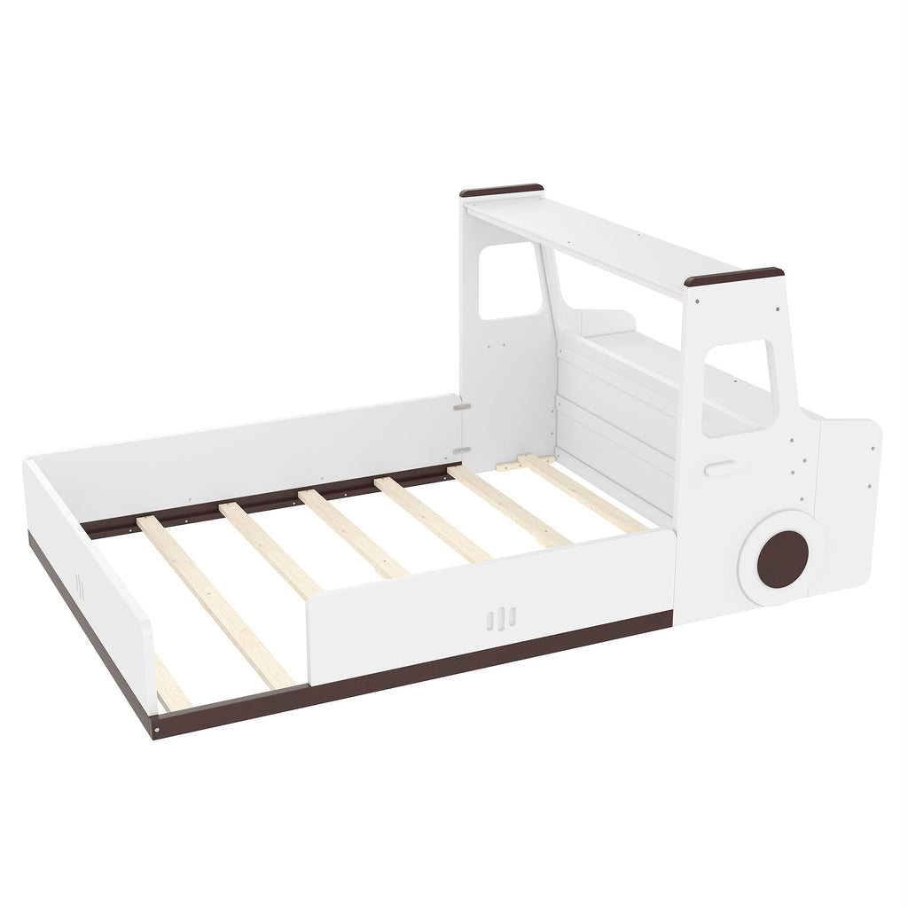 Full Size Floor Bed with Interesting Car-shape Design, Kids Car Floor Bed with Storage Drawers, Window, and Desk, Childlike Design, White