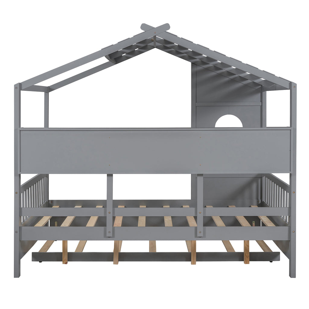 Wooden Full Size House Bed With Trundle, Modern Design for Kids with Storage Shlef, Gray(old SKU HL000095AAE)
