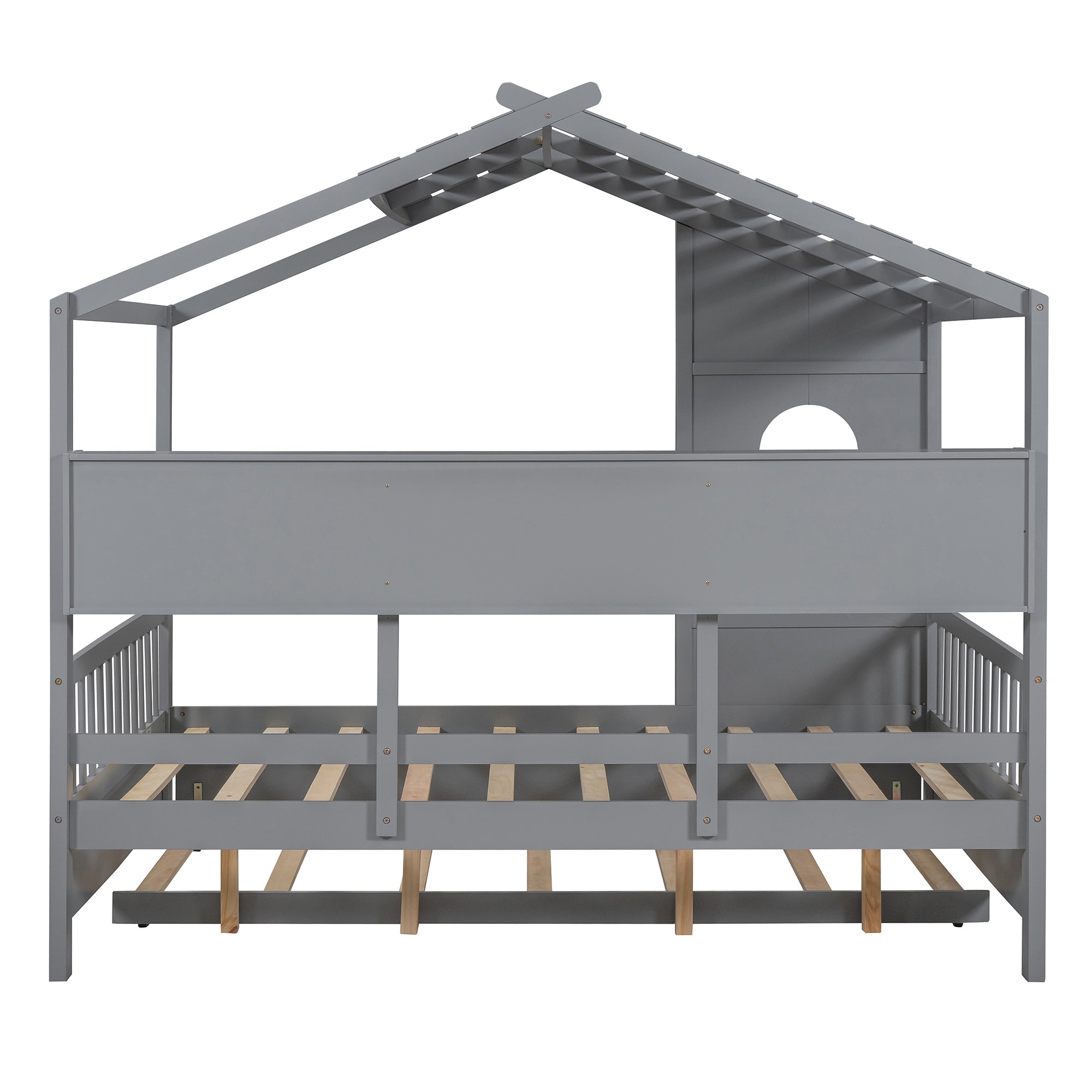 Wooden Full Size House Bed With Trundle, Modern Design for Kids with Storage Shlef, Gray(old SKU HL000095AAE)