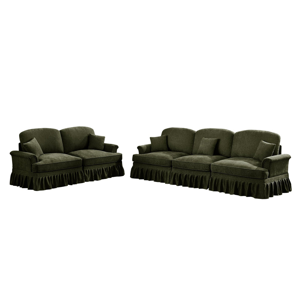 Classic 2 Piece Modular Couch Living Room Sofa Set with Flared Arms and Removable Ruffles Pleats Skirts and Spindle Legs, 3 Seater Sofa + 2-Seat Loveseat Sofa Sets for Living Room,Green