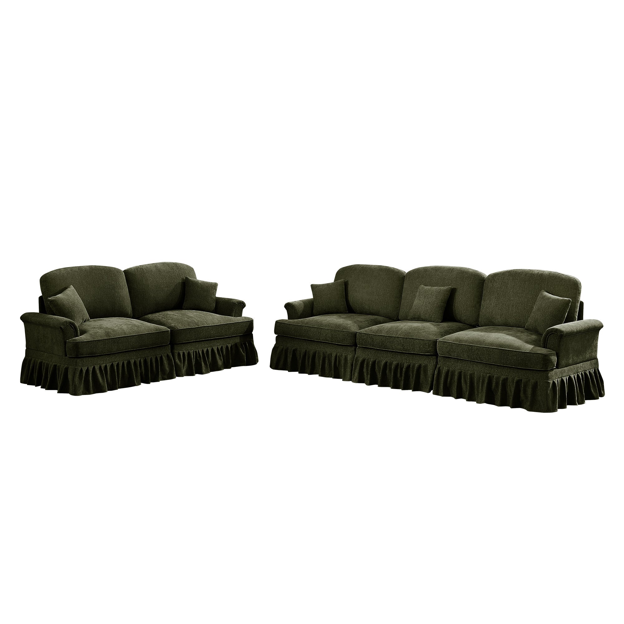 Classic 2 Piece Modular Couch Living Room Sofa Set with Flared Arms and Removable Ruffles Pleats Skirts and Spindle Legs, 3 Seater Sofa + 2-Seat Loveseat Sofa Sets for Living Room,Green
