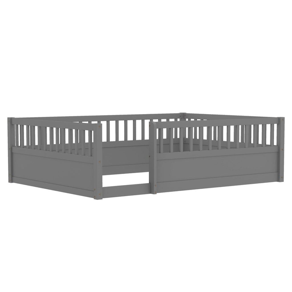 Full Floor Bed Frame with Fence, Montessori wooden children's floor bed,Wood Kids Floor Beds Frame for Bedroom Playroom,Gray