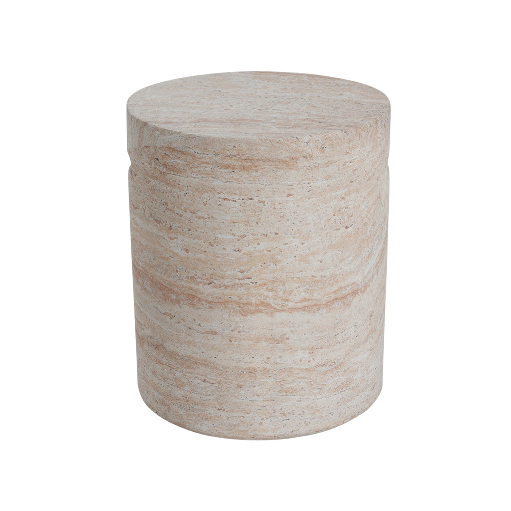 Modern Concrete Side Table with Travertine Finish, Indoor/Outdoor Use, Beige, 15.5 x 15.5 x 18.5 inches