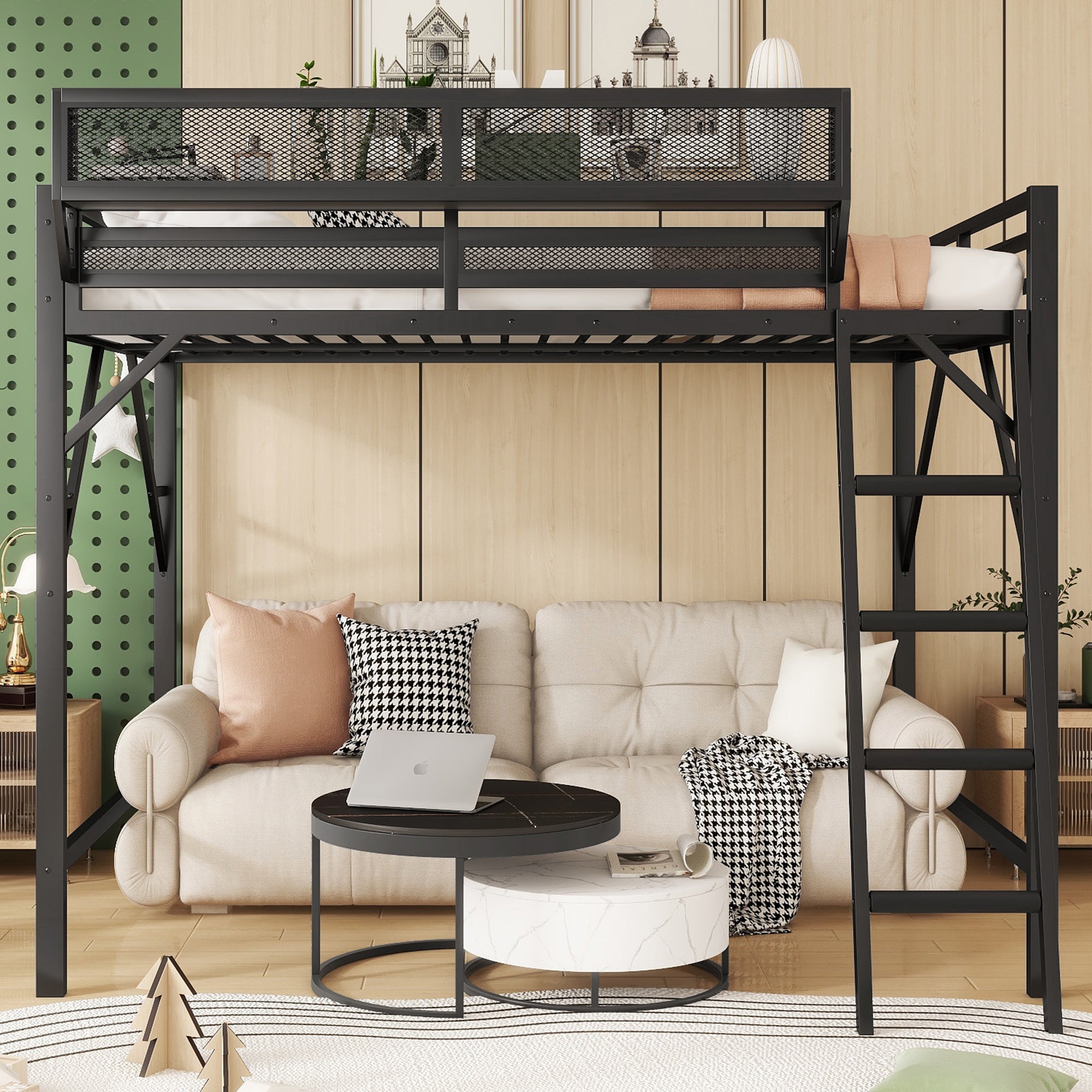 Full Size Loft Bed with Ladder, Metal Full Loft Bed with Storage Shelves, High Loft Bed for Kids Teens, Black(Expect Arrival Date 2025/11/26, Old SKU W2580P353531)