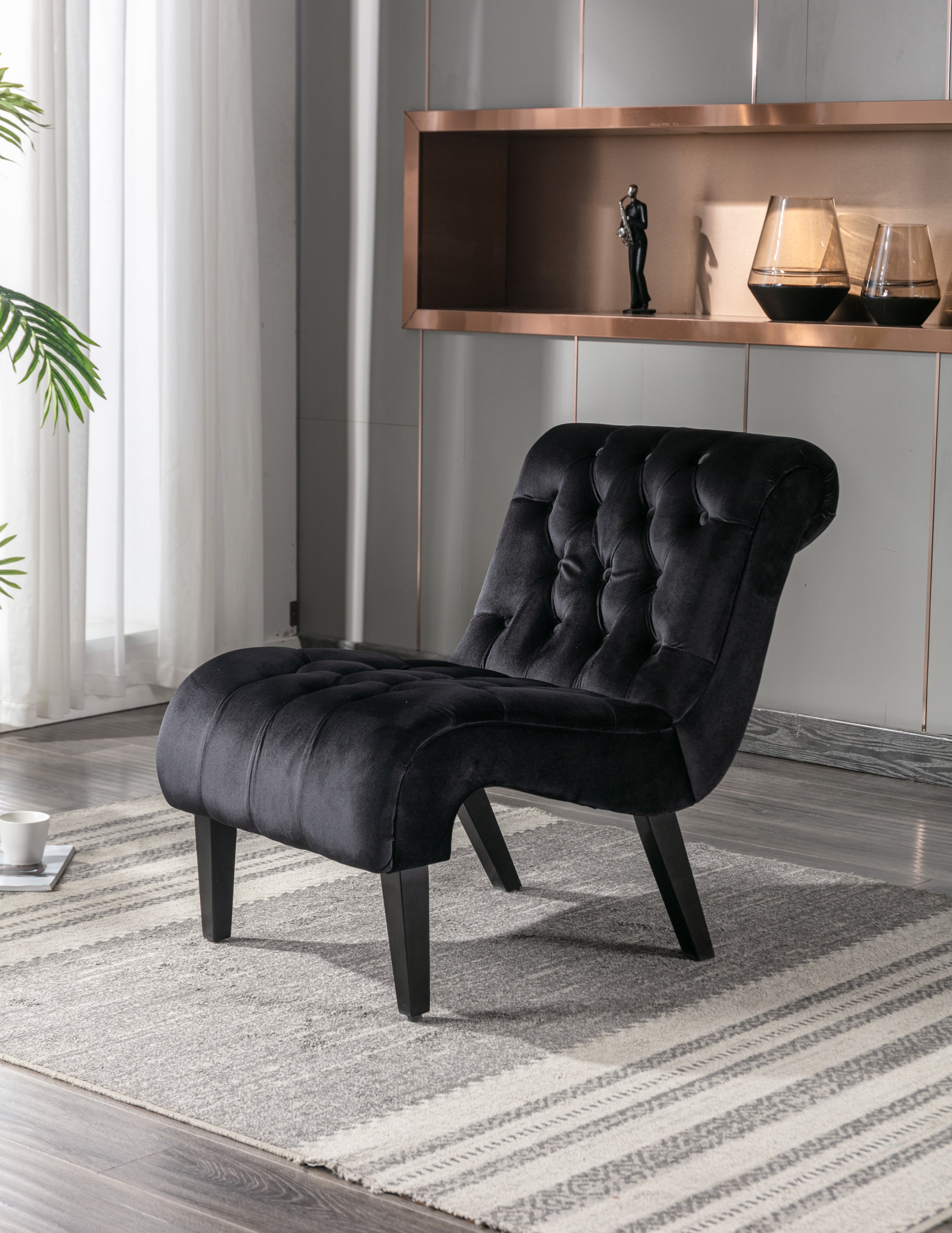 COOLMORE Modern Velvet Armless Accent Living Room Chair / Leisure Chair,Upholstered Fabric Button Comfortable Chair with Wooden Legs for Bedroom, Living Room, Office (Black Velvet)