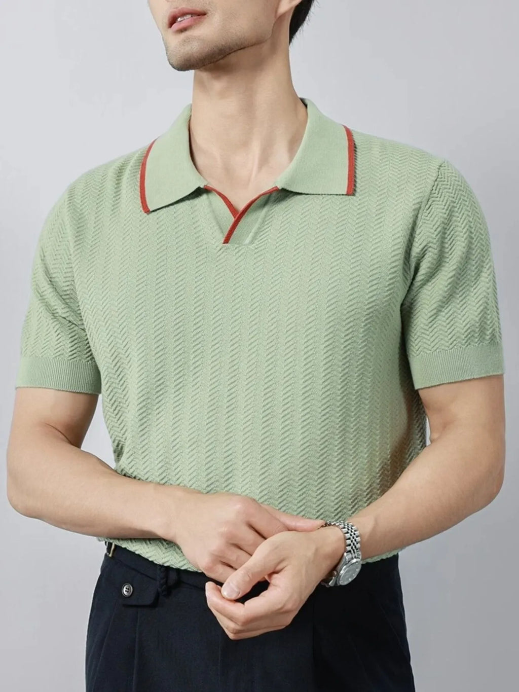 Textured Contrast Trim Short Sleeve Polo