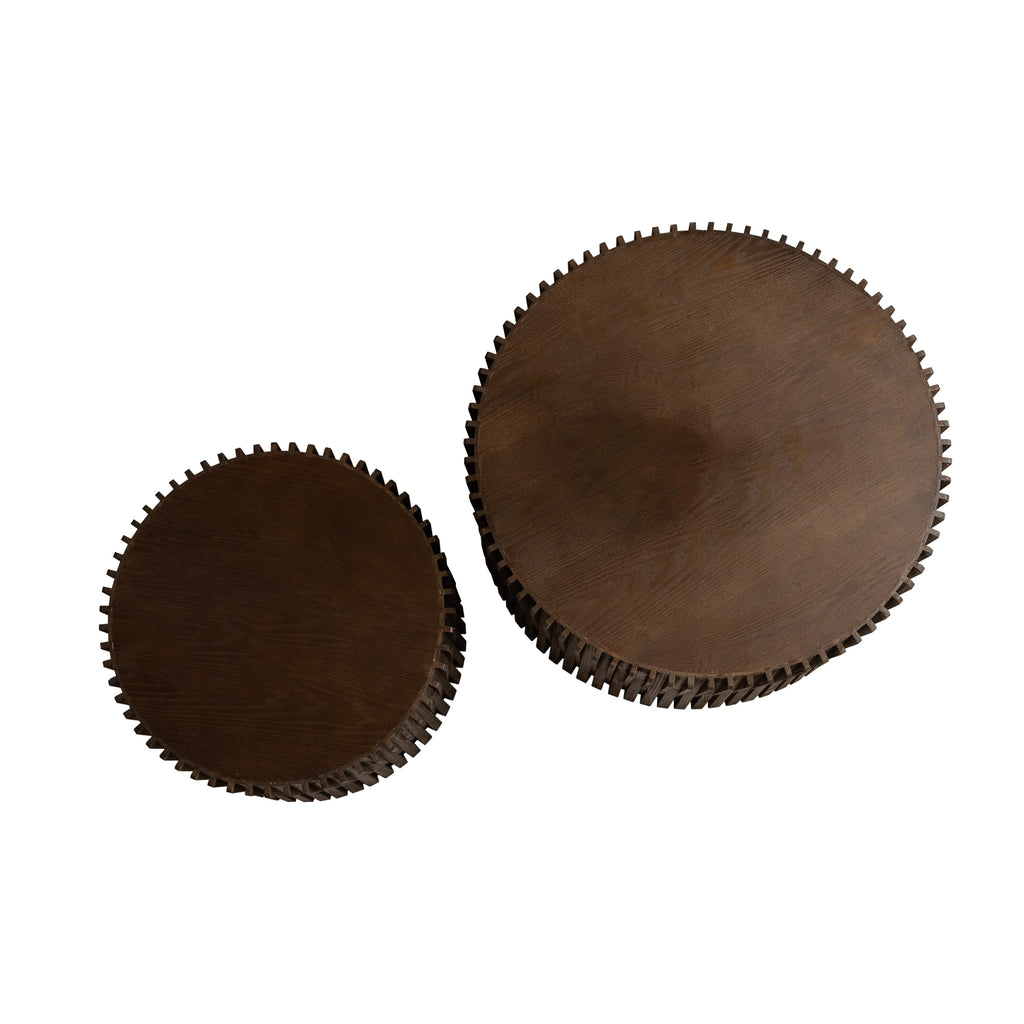 Vintage Fashion Style Cylindrical Nesting Coffee Table Set with Vertical Textured Embossed Design for Living Room, Office and Dining Room, Dark Brown (Set of 2)