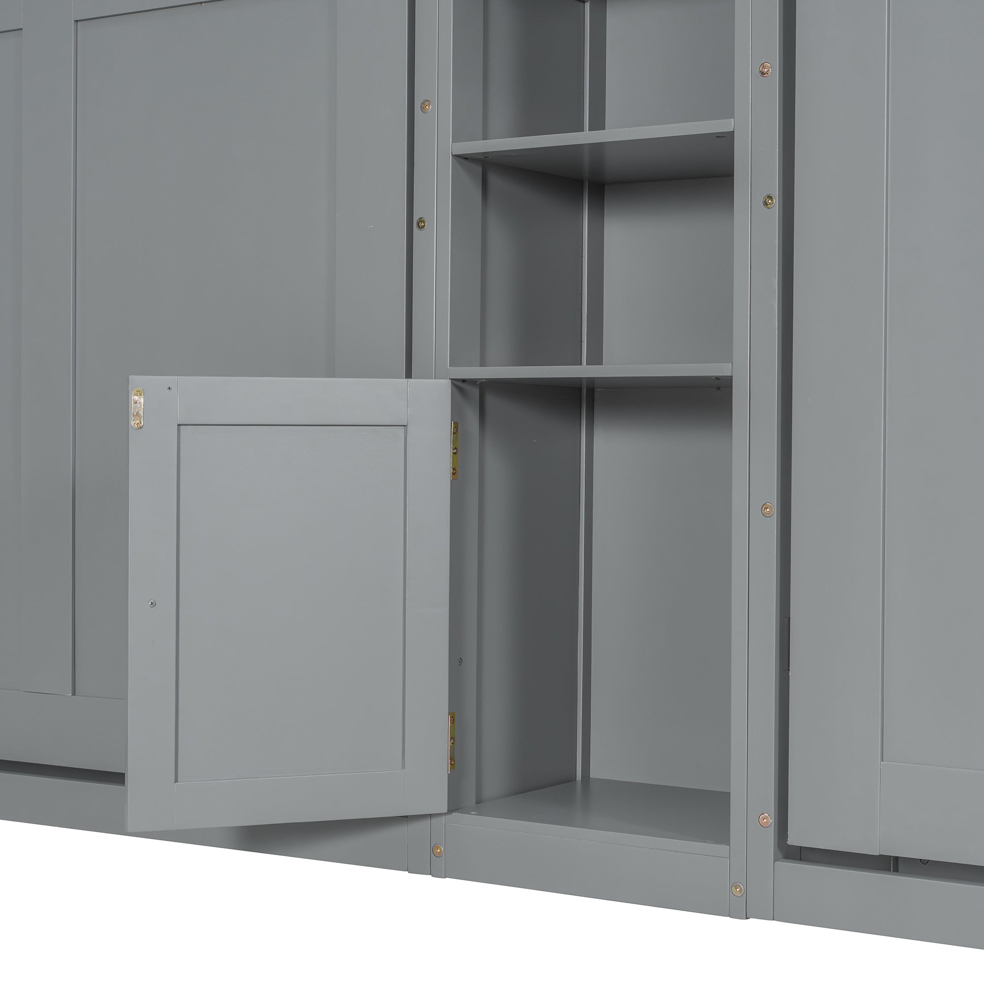 Dual Twin size Wall Murphy Beds with Cabinets and Shelves, Gray