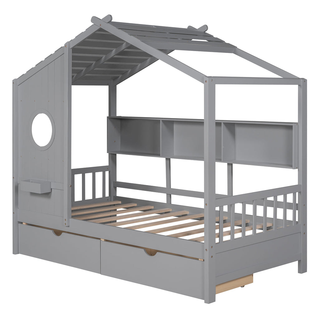Wooden Twin Size House Bed with 2 Drawers,Kids Bed with Storage Shelf, Gray(Old SKU: HL000051AAE)