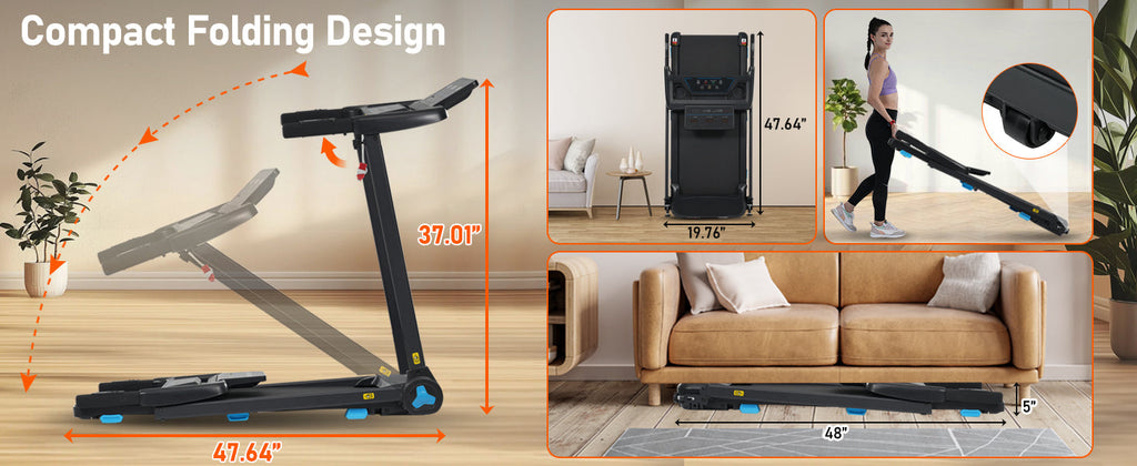Folding Treadmills for Home Small, 3.0HP Portable Treadmill with 8% Incline,10MPH Walking Pad with Incline, 300 LBS Walking Pad Treadmills with Bluetooth, Heart Rate Sensors,Charge Station