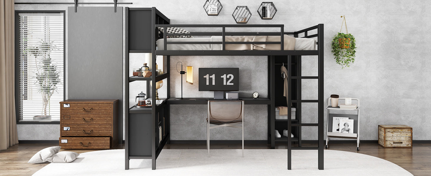 Metal Loft Bed with Wardrobe And L-shaped Desk, Queen Size Loft Bed with Storage Cubes and Shelves, Heavy Duty Loft Bed for Kids Teens Adults, Black
