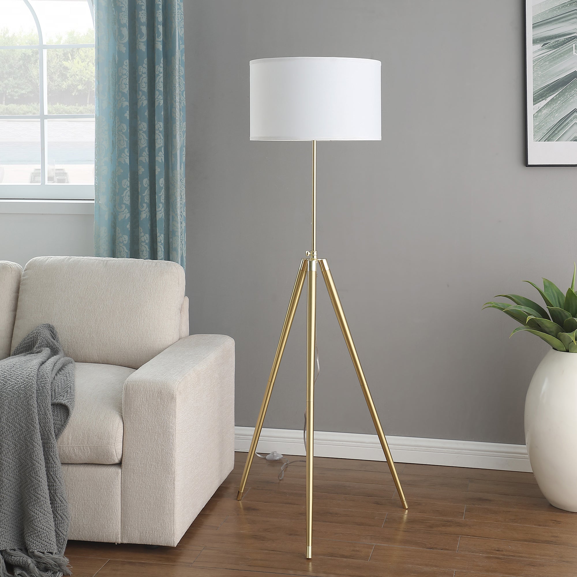 64' - 47'H Adjustable Height Brass/Shiny Gold Modern Tripod Floor Lamp for Living Room, Standing Lamp for Bedroom