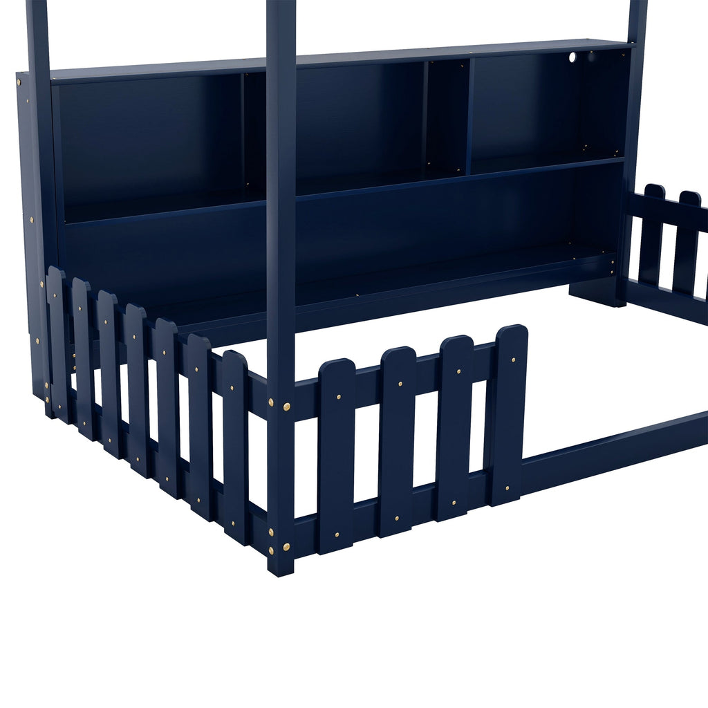Twin Size House Bed with LED Light, Wood House Bed with Storage Bookshelf, Floor House Bed with Guardrails for Kids, Navy Blue (Expect Arrival Date 2025/3/14)