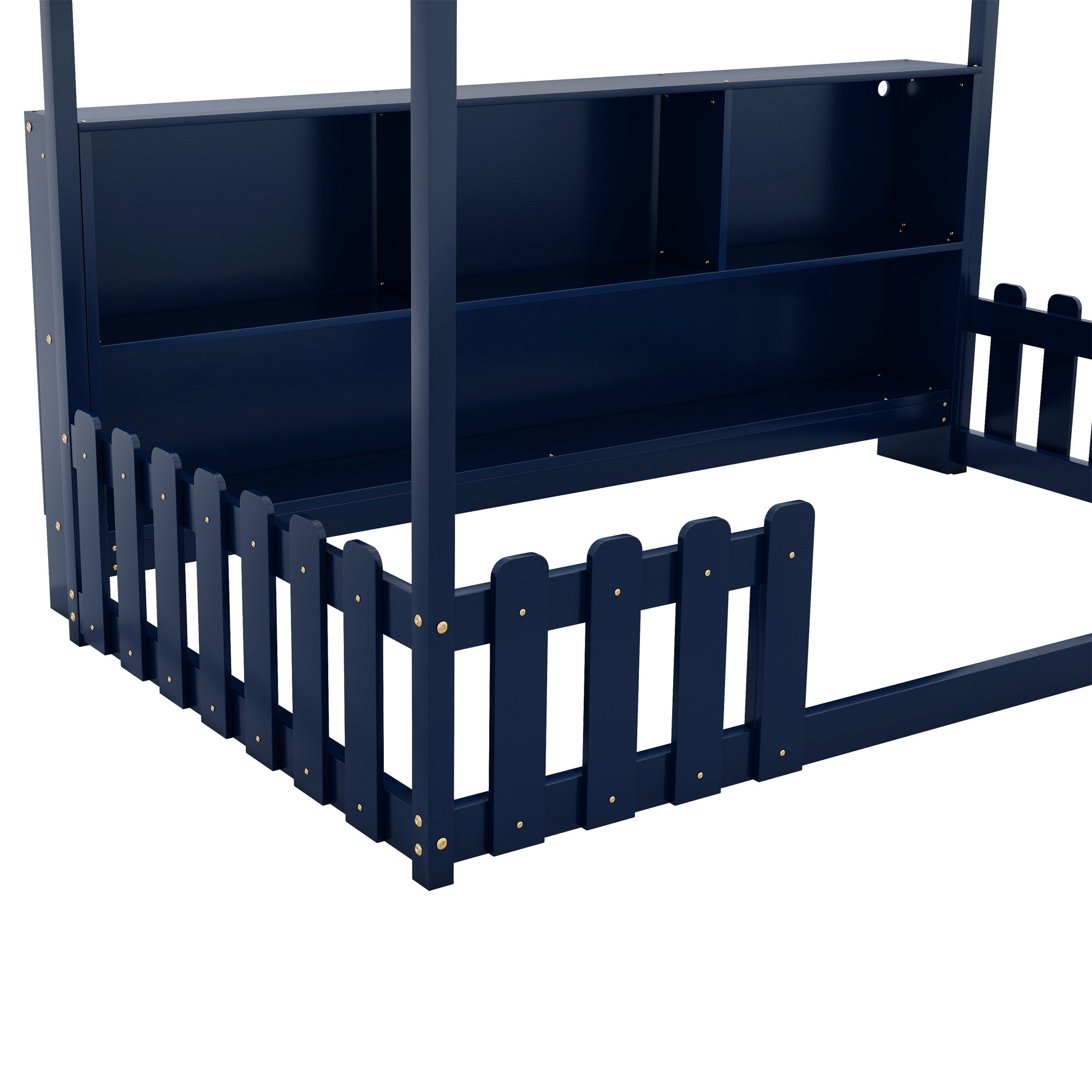 Twin Size House Bed with LED Light, Wood House Bed with Storage Bookshelf, Floor House Bed with Guardrails for Kids, Navy Blue (Expect Arrival Date 2025/3/14)