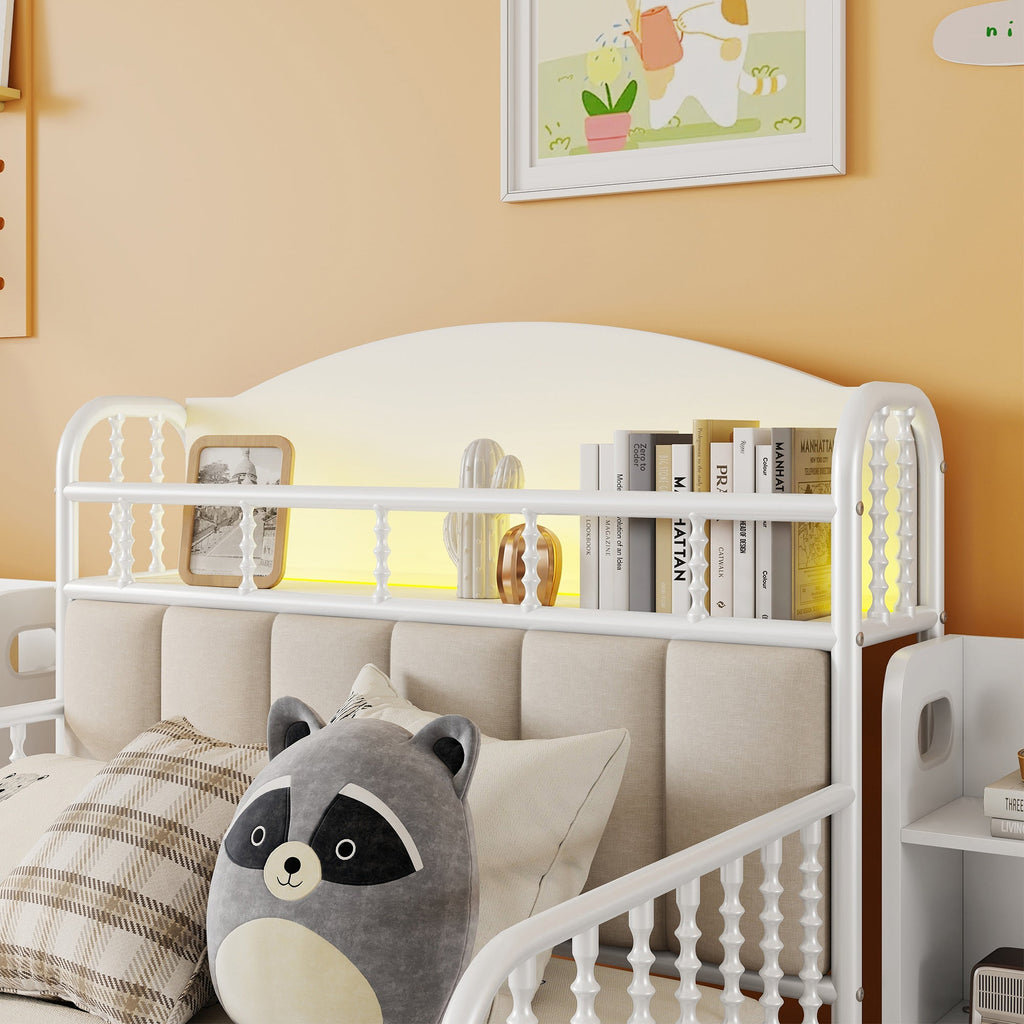 Twin Size Metal Platform Bed Frame with Light, Kids Twin Metal Bed with Upholstered and Pull Out Storage Shelves, White (Expect Arrival Date 2025/10/5)