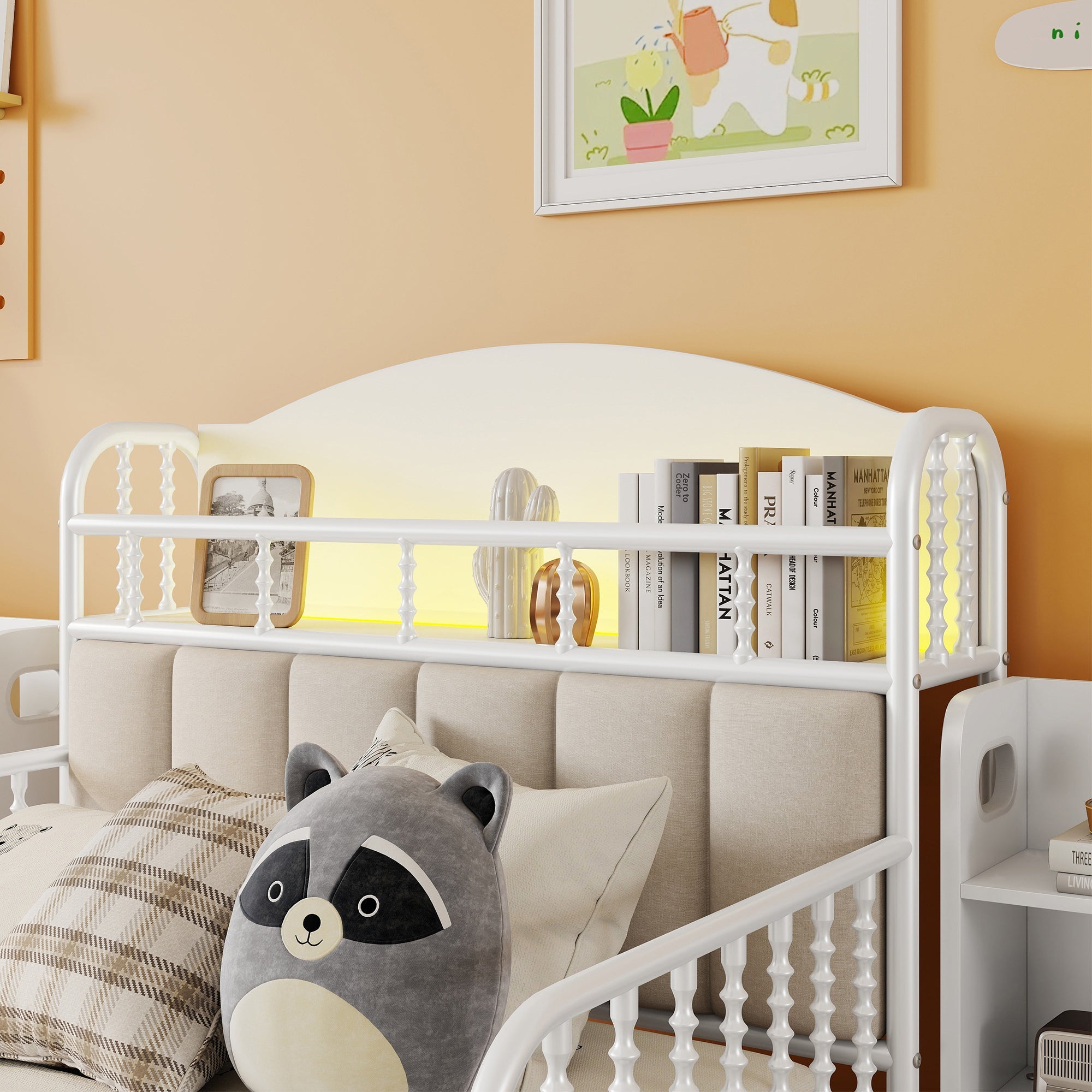 Twin Size Metal Platform Bed Frame with Light, Kids Twin Metal Bed with Upholstered and Pull Out Storage Shelves, White (Expect Arrival Date 2025/10/5)