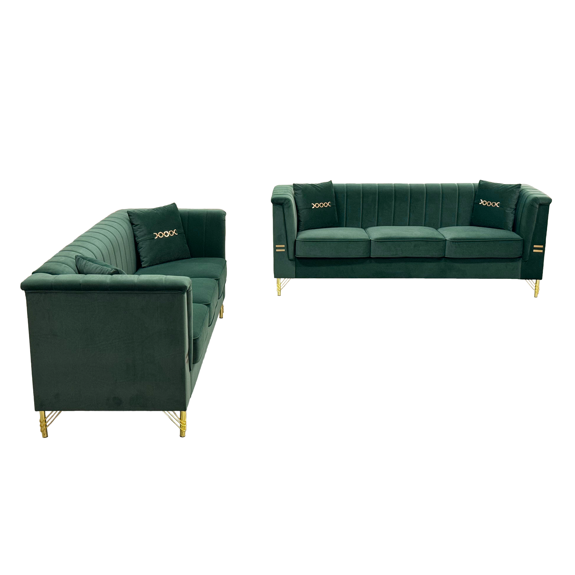 FX-P82-2PC SOFA -GR3  Green Velvet Sofa Set of 2, Two Modern 3-Seater Sofas with Plush Cushions & Gold-Tone Metal Legs  Stylish Living Room Couch Set for Homes, Apartments, and Guest Areas