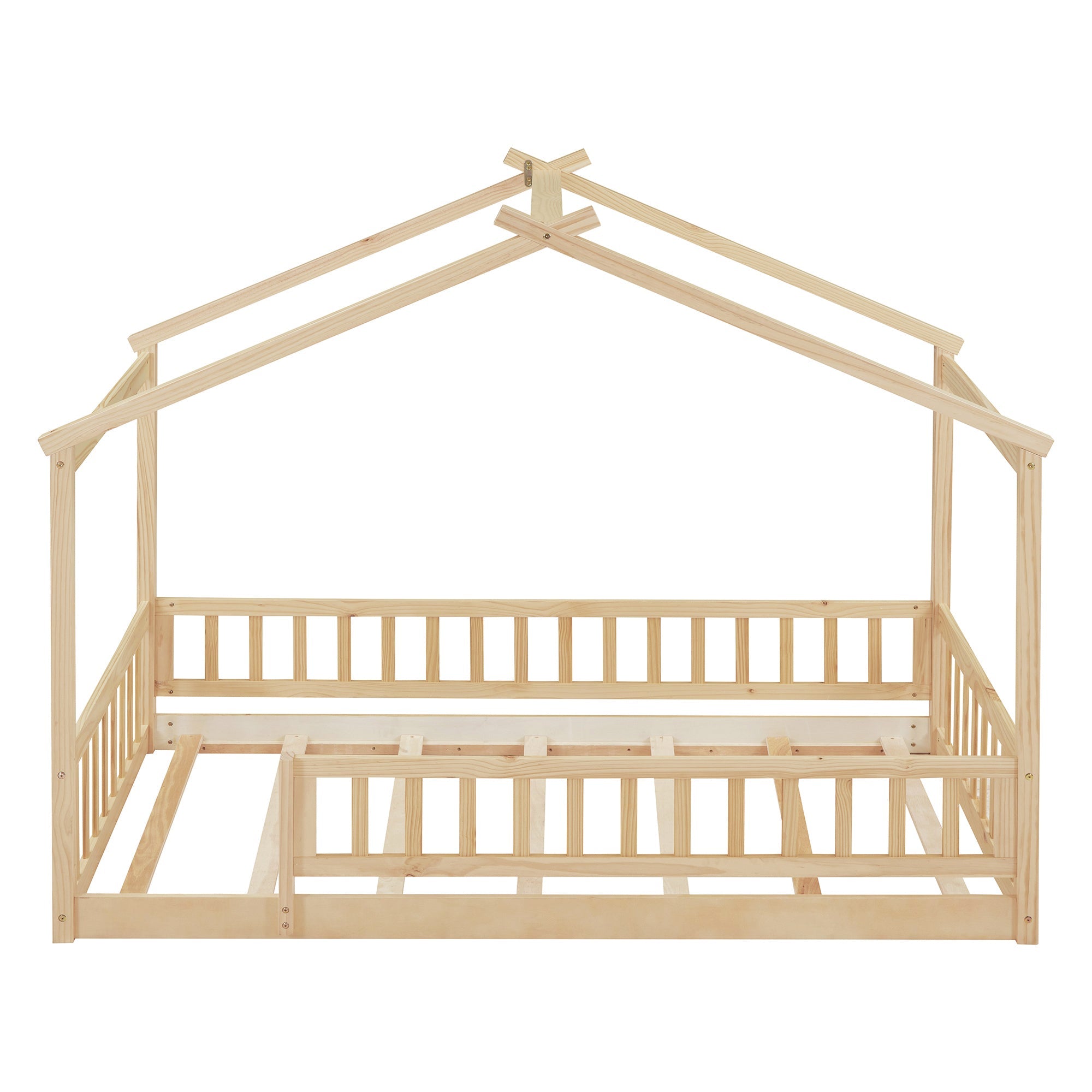 Twin Size Wood Bed House Bed Frame with Fence, for Kids, Teens, Girls, Boys,Natural