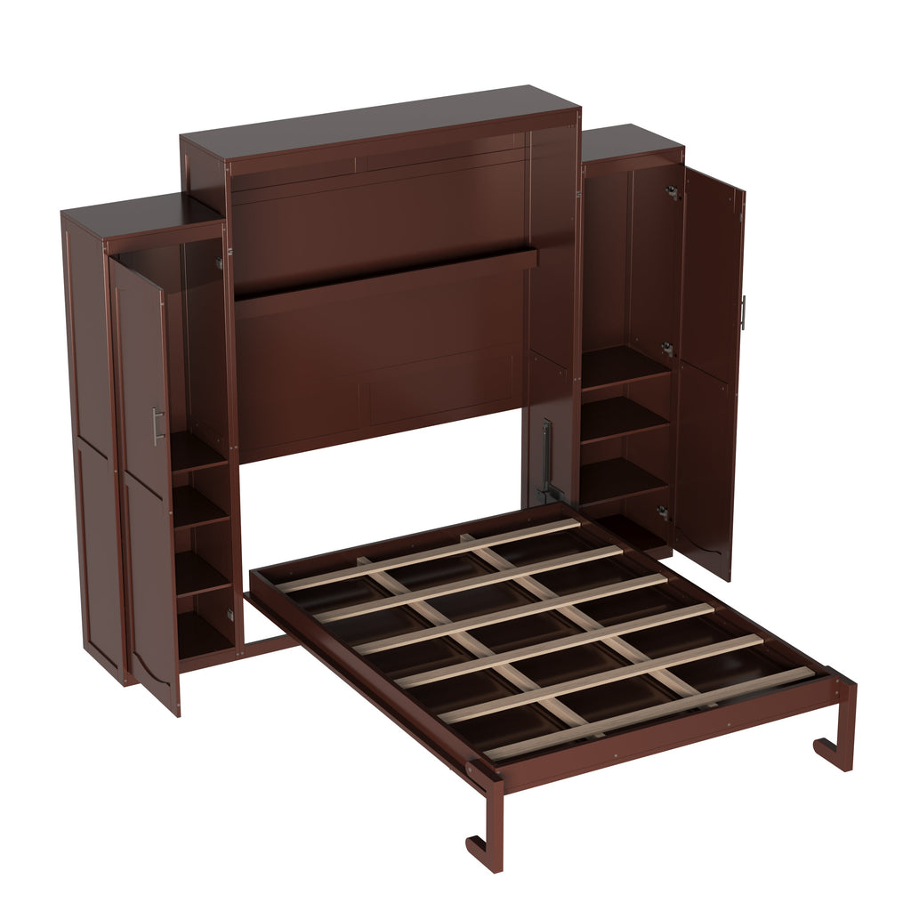 Queen Size Murphy Bed, Wooden Queen Wall Bed with 2 Wardrobe and Storage Shelf, Multifunctional Foldable Platform Bedframe for Guest-Room, Bedroom, Walnut