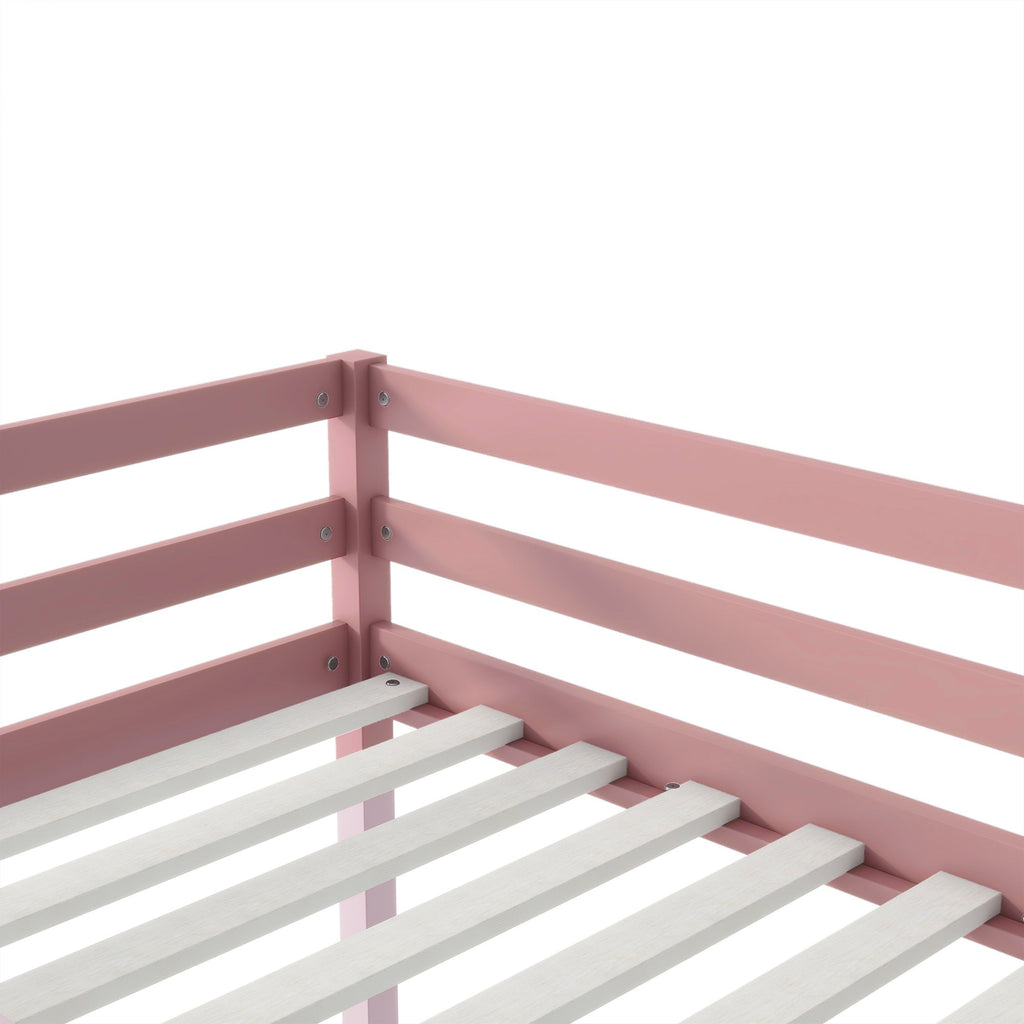 Solid Wooden, Rubber Wooden Twin Loft Bed with Ladder, Bed Platform of Strengthened Slats, Pink