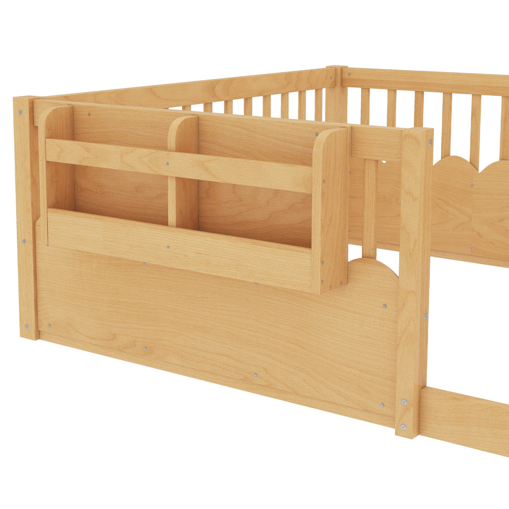 Full Floor bed with Heightened Fence and bookshelf ,Wood Floor Bed for Kids,Natural.