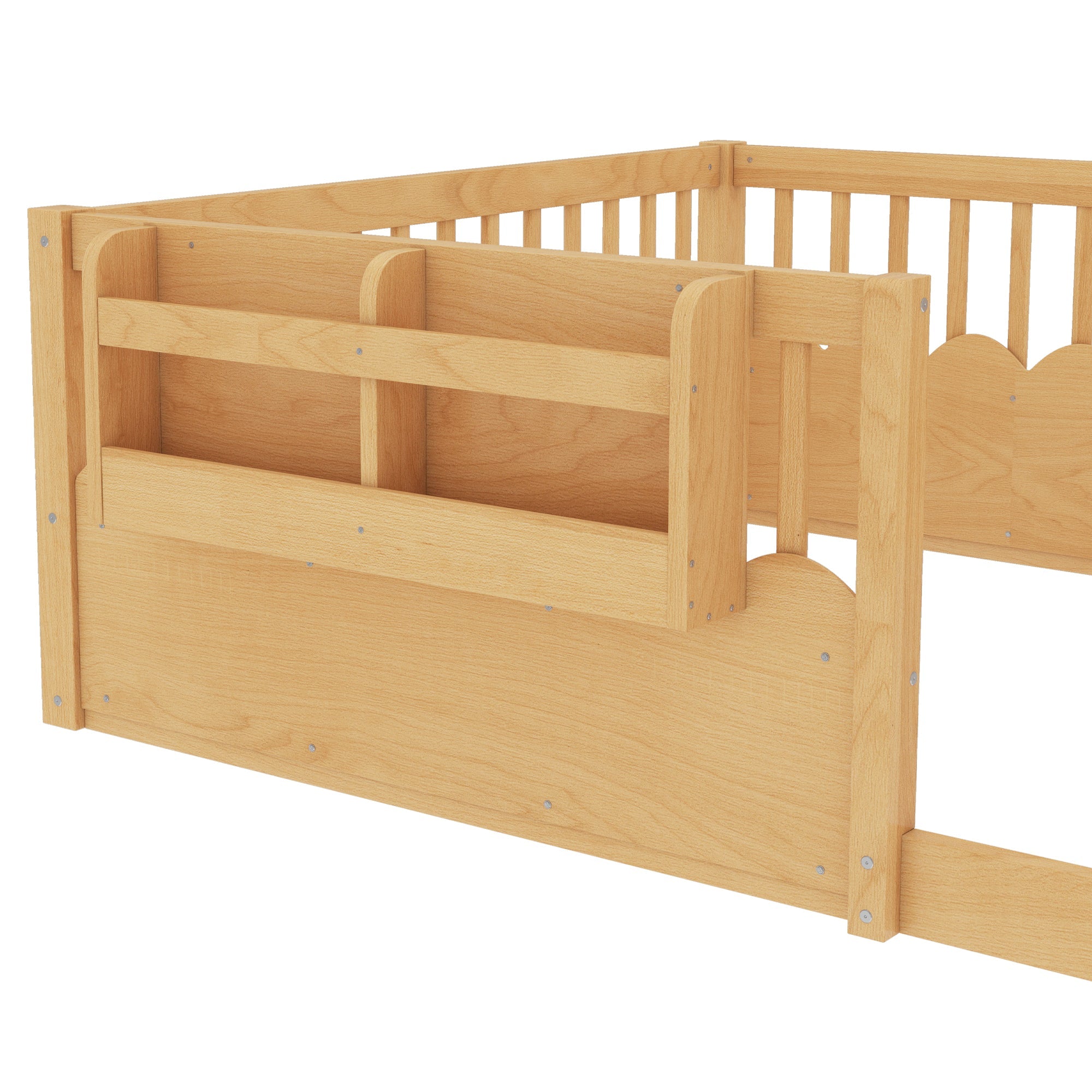 Full Floor bed with Heightened Fence and bookshelf ,Wood Floor Bed for Kids,Natural.