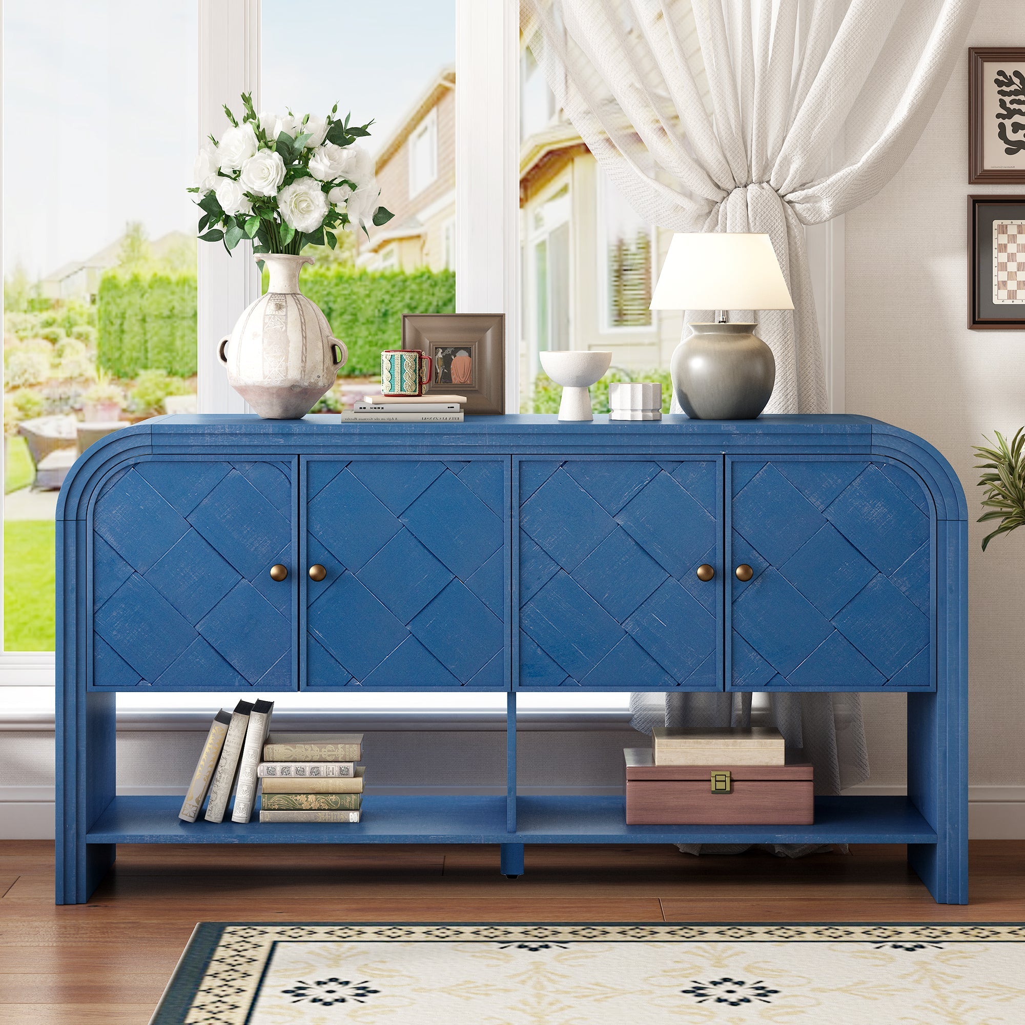 U_Style Versatile console table with Woven Wood Slats and Solid Wood Veneer,Suitable for Entryway, Hallway, Living Room,Foyer,Corridor