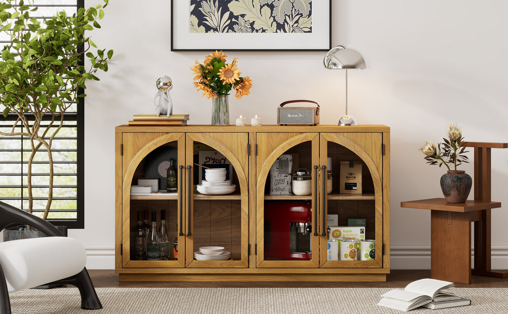 TREXM 4-Door Large Storage Sideboard Buffet Cabinet with Glass Doors, Arched Cabinet with Adjustable Shelves for Kitchen, Dining Room and Living Room (Natural Wood)