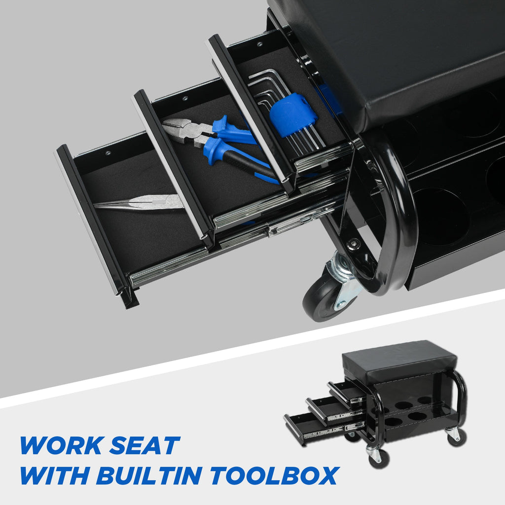 Rolling Creeper Garage Seat with 3 Built-in Drawers, Rolling Tool Chest for Shop or Garage(Black)