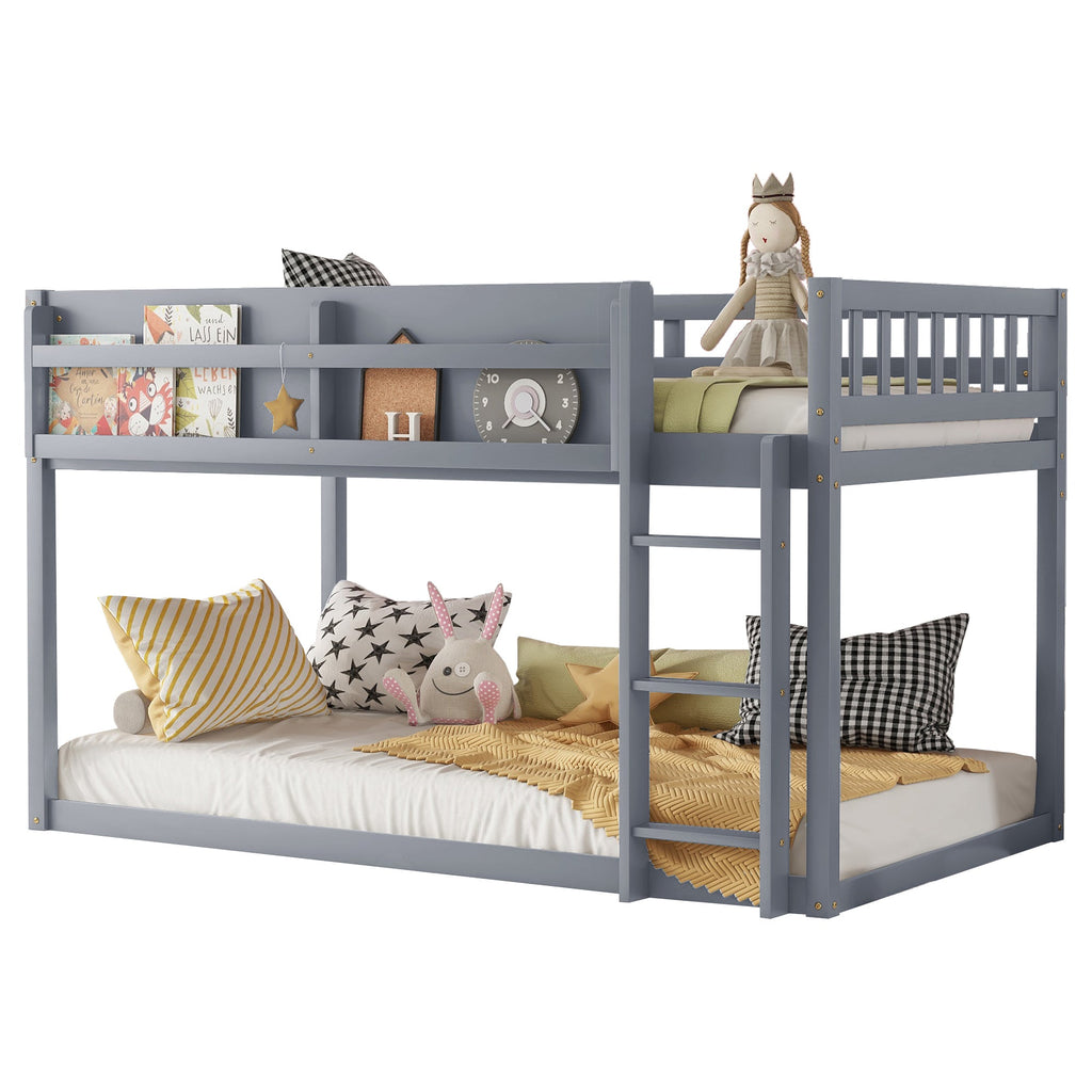 Low Twin Over Twin Bunk Bed, Floor Bunk Bed with Ladder, Solid Wood Twin Bunk Bed for Kids & Juniors, Grey(Expect Arrival Date 2025/11/25)