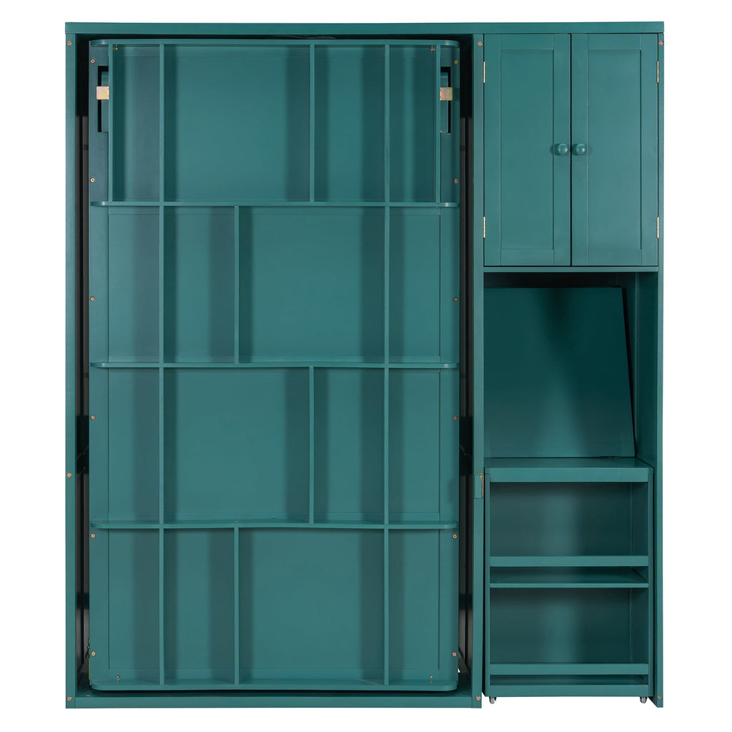 Twin Size Rotating Wall Murphy Beds with Bookshelf, Top Cabinet, Extendable Desk & Side Storage, Teal