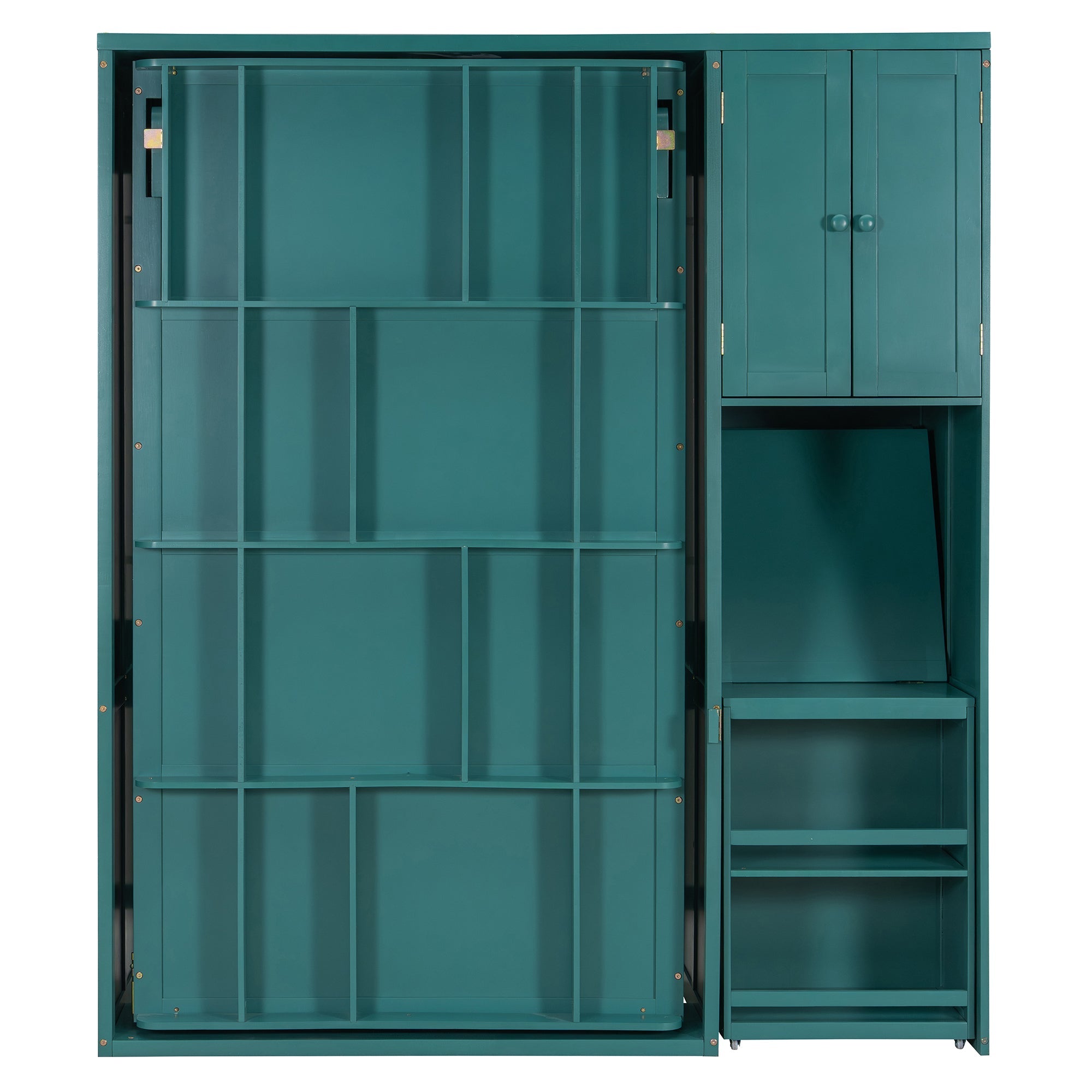 Twin Size Rotating Wall Murphy Beds with Bookshelf, Top Cabinet, Extendable Desk & Side Storage, Teal
