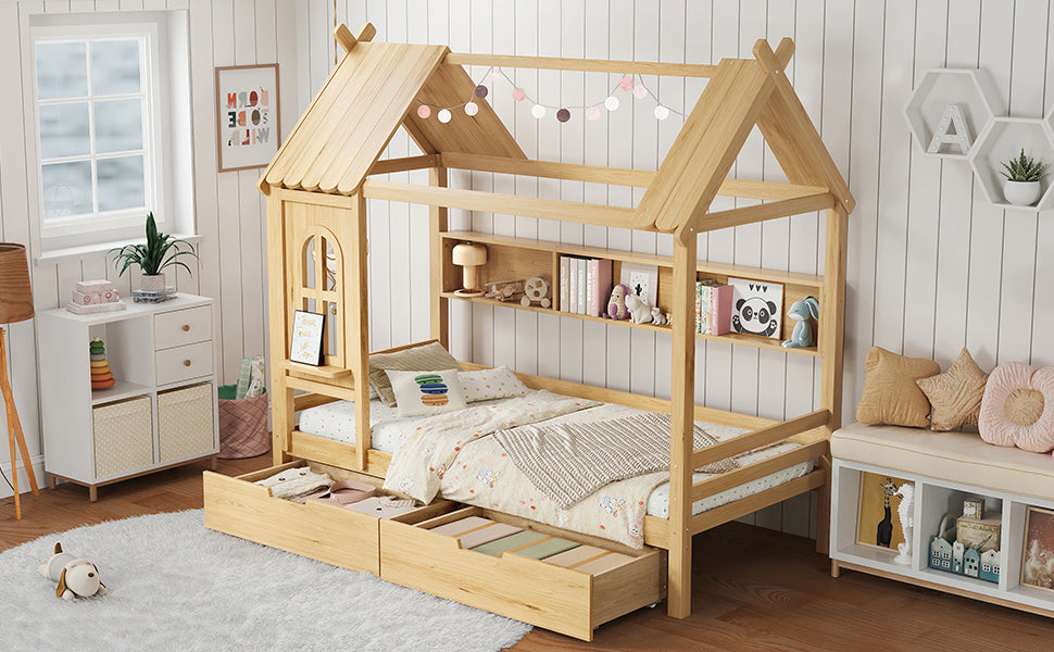 Twin house Beds with Storage Drawers and Window, Solid Wood House Platform Bed Frame with shelves, for Kids, Girls, Boys, No Spring Box Needed and Childlike Design, Natural