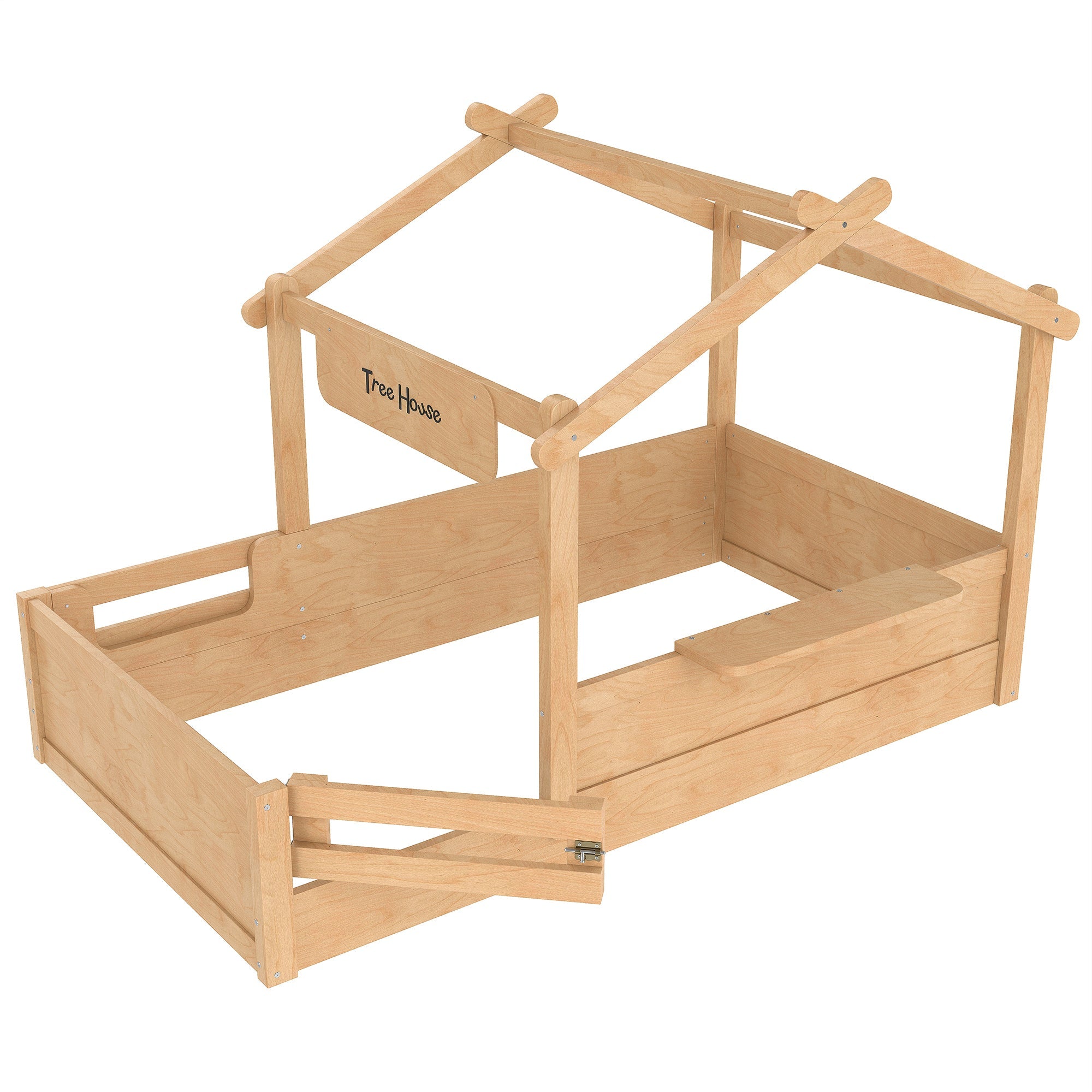 Twin Size Floor Bed with Guardrails and Roof, Kids House Floor Bed with a Small Built-in Tray and Free-installed Signboard, Childlike Design, Natural