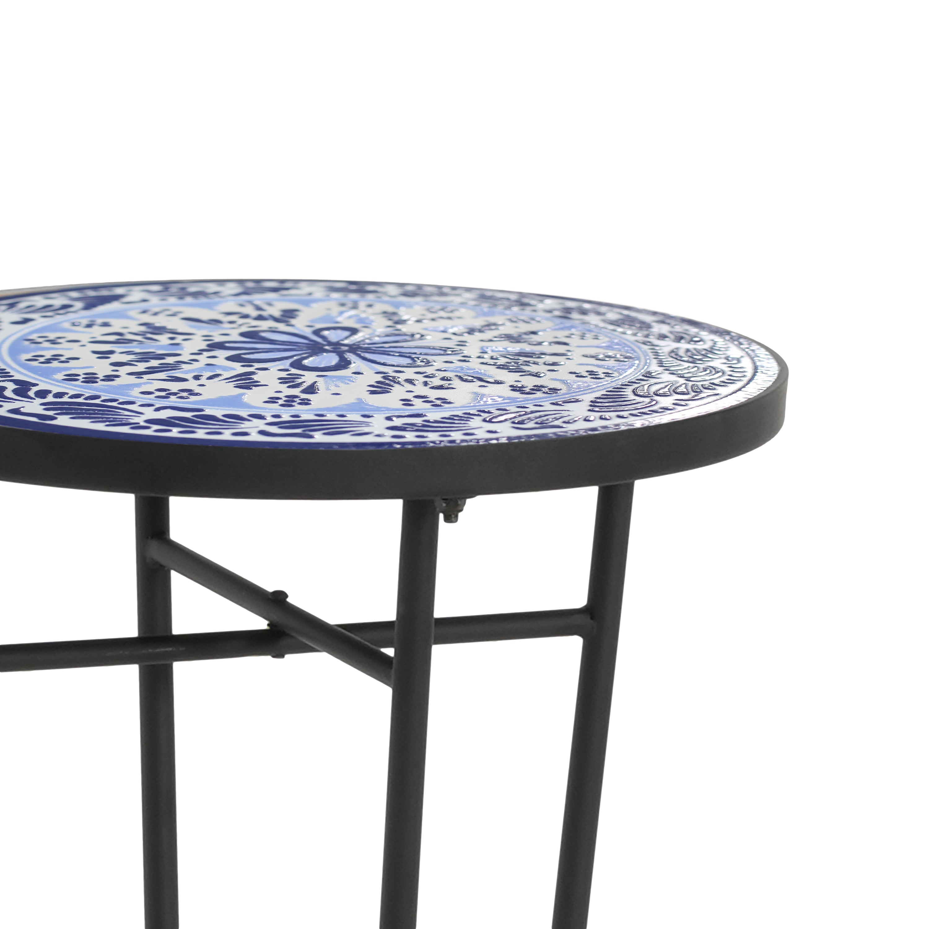 French Country Patio Side Table with Vibrant Tile Top, Blue and Black, Ceramic Tile and Iron, 14x14x23.25 Inches