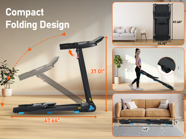 Folding Treadmills for Home Small, 3.0HP Portable Treadmill with 8% Incline,10MPH Walking Pad with Incline, 300 LBS Walking Pad Treadmills with Bluetooth, Heart Rate Sensors,Charge Station